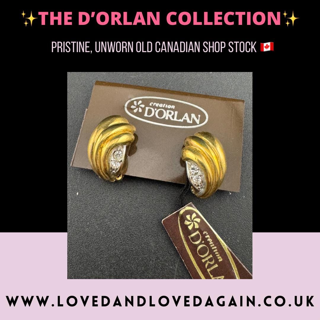 Vintage D’orlan Canada designer large 22ct triple gold plated and clear Swarovski Crystal abstract swirl clip on earrings