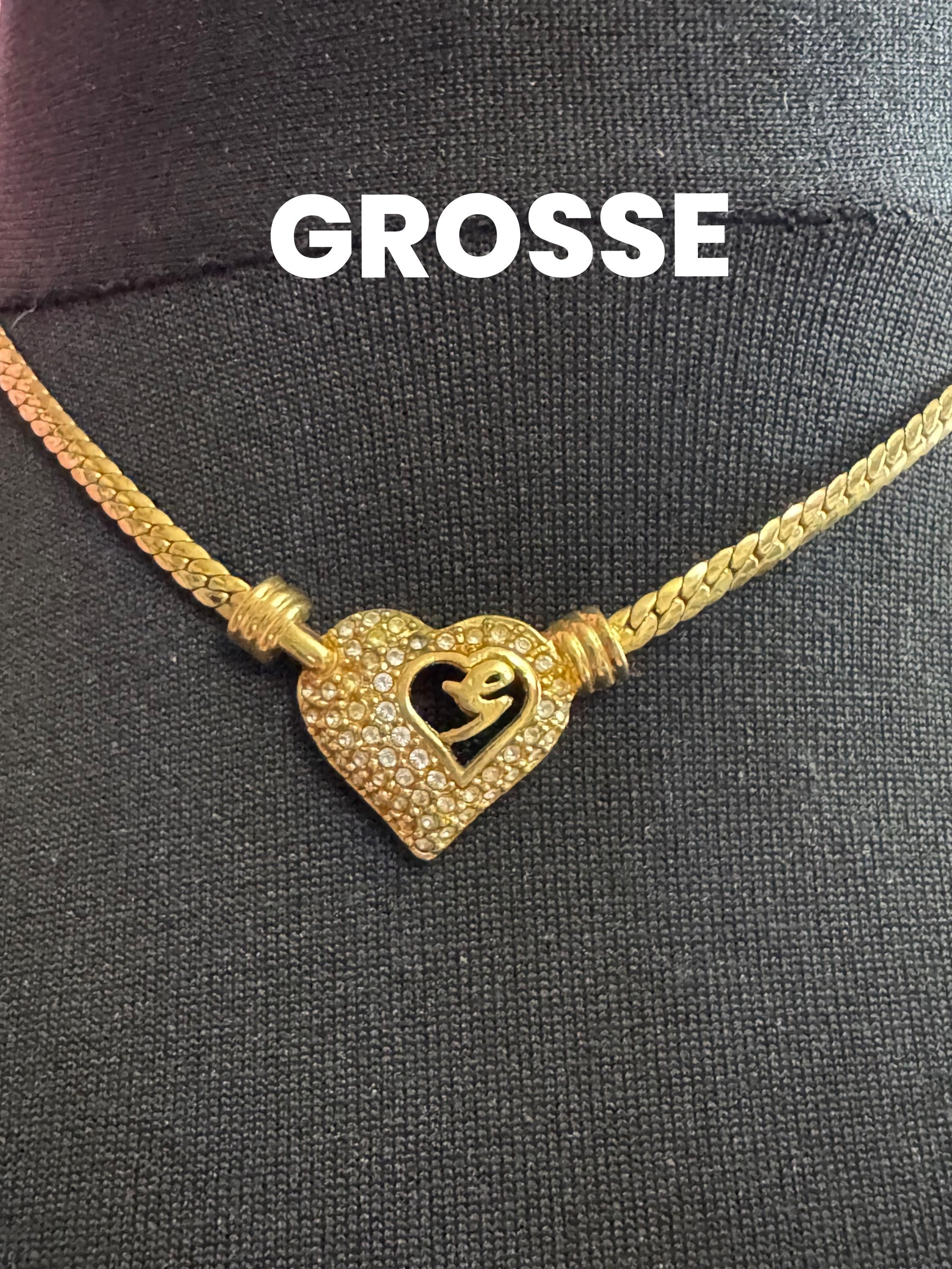 Rhinestone love heart pendant necklace signed Henkel and GROSSE Germany vintage, gold tone
