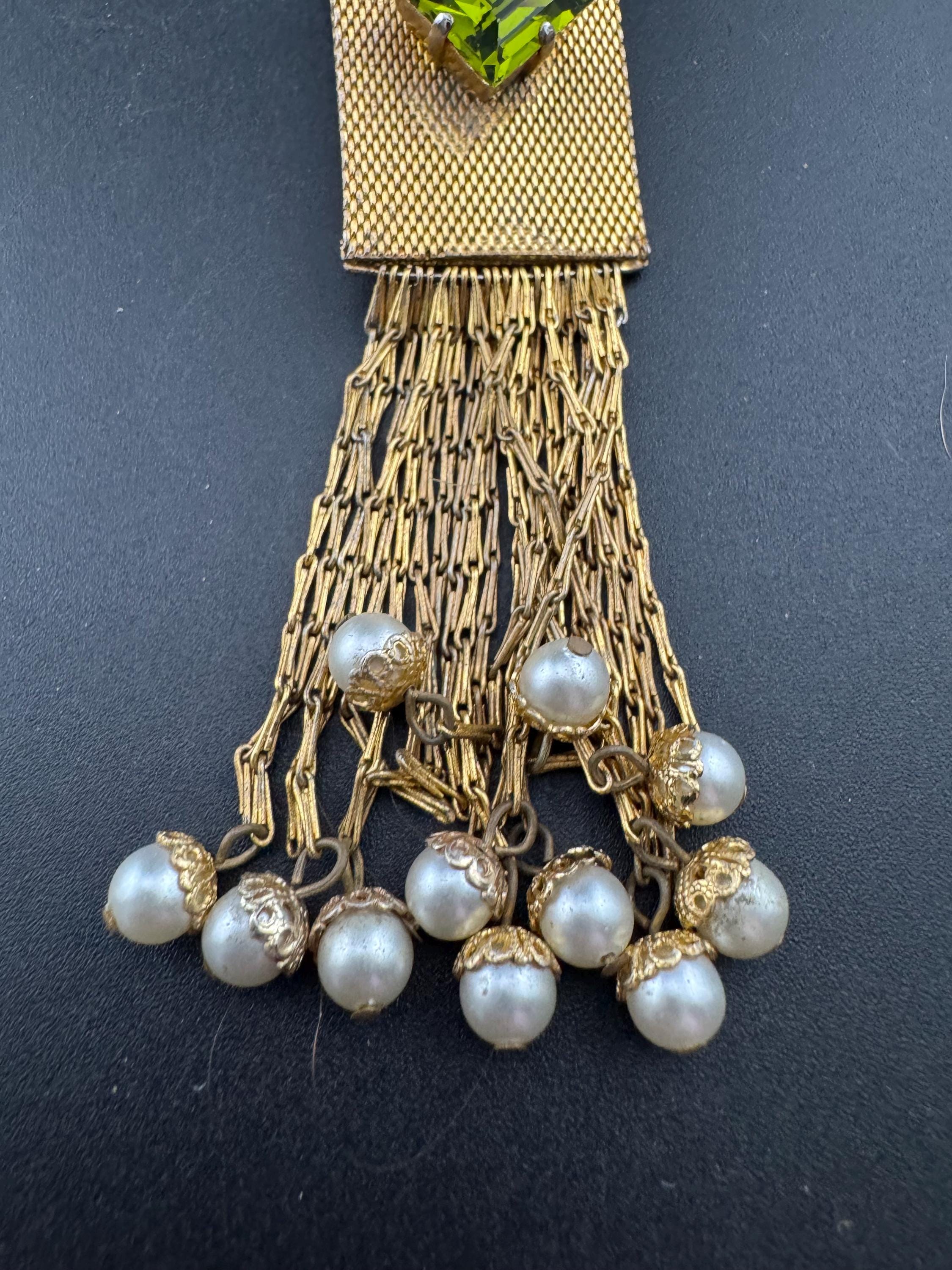 vintage gold tone chain mesh pearl tassel brooch 1950s modernist mid century with green crystal 10cm