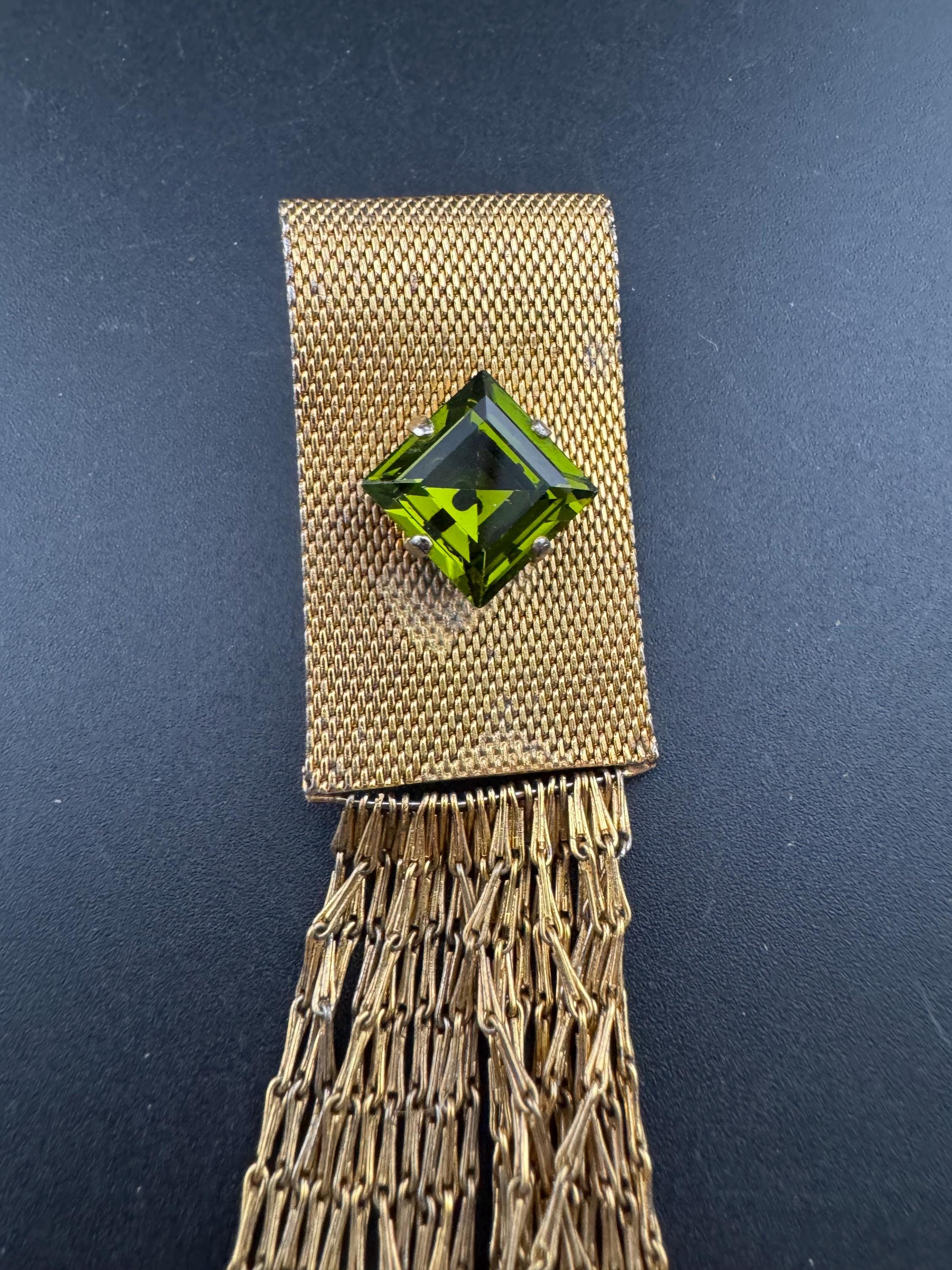 vintage gold tone chain mesh pearl tassel brooch 1950s modernist mid century with green crystal 10cm