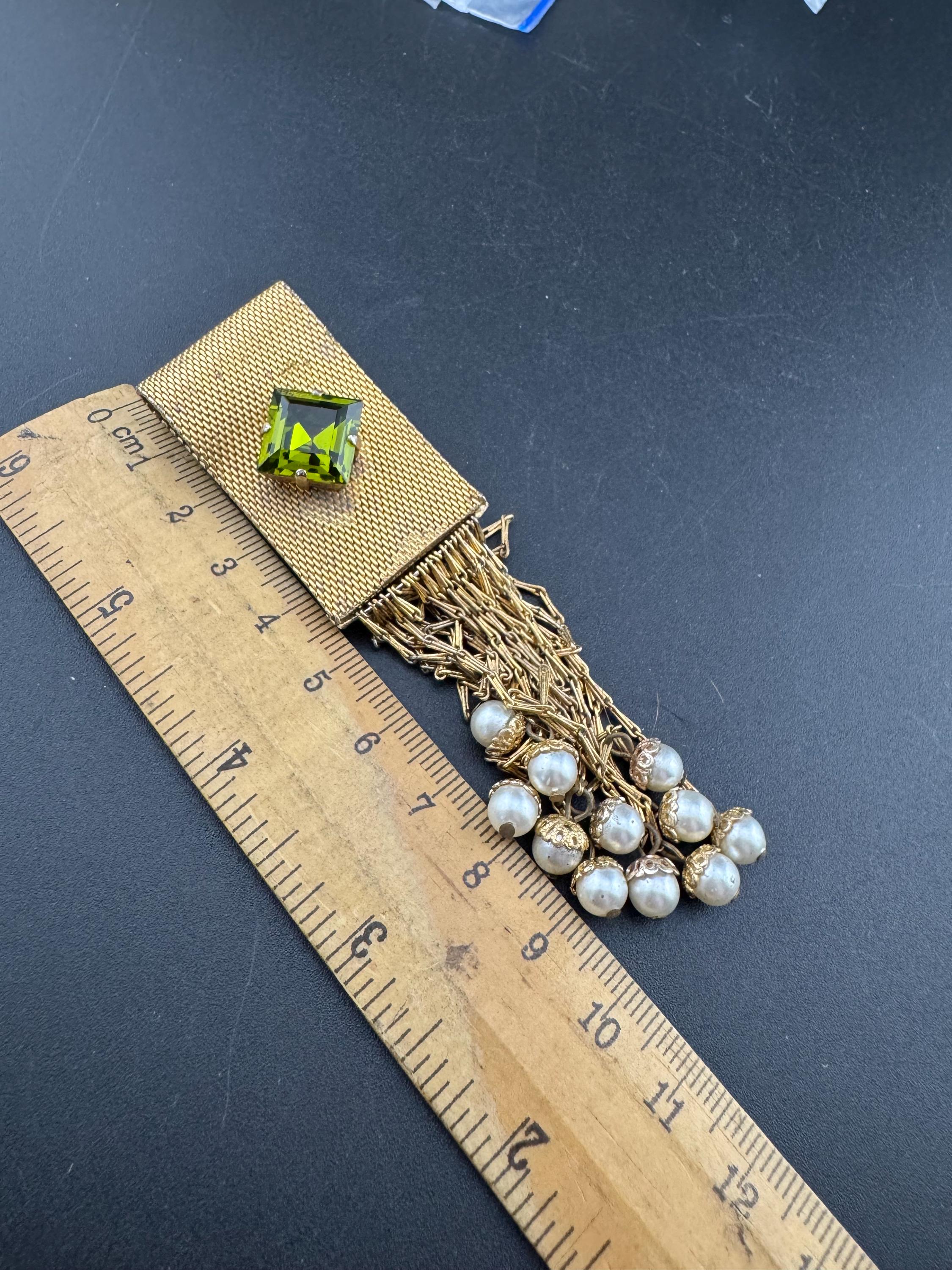 vintage gold tone chain mesh pearl tassel brooch 1950s modernist mid century with green crystal 10cm