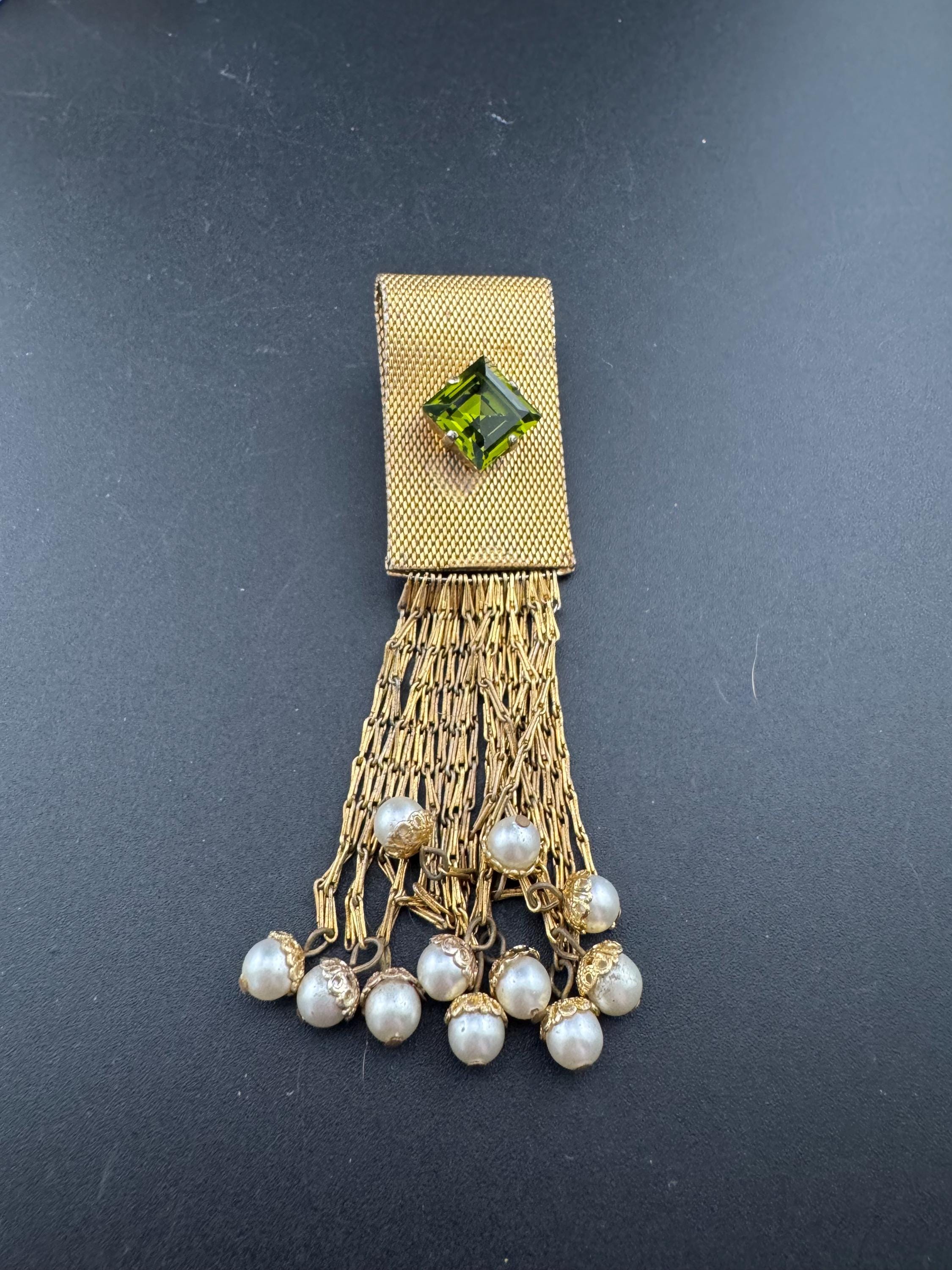 vintage gold tone chain mesh pearl tassel brooch 1950s modernist mid century with green crystal 10cm