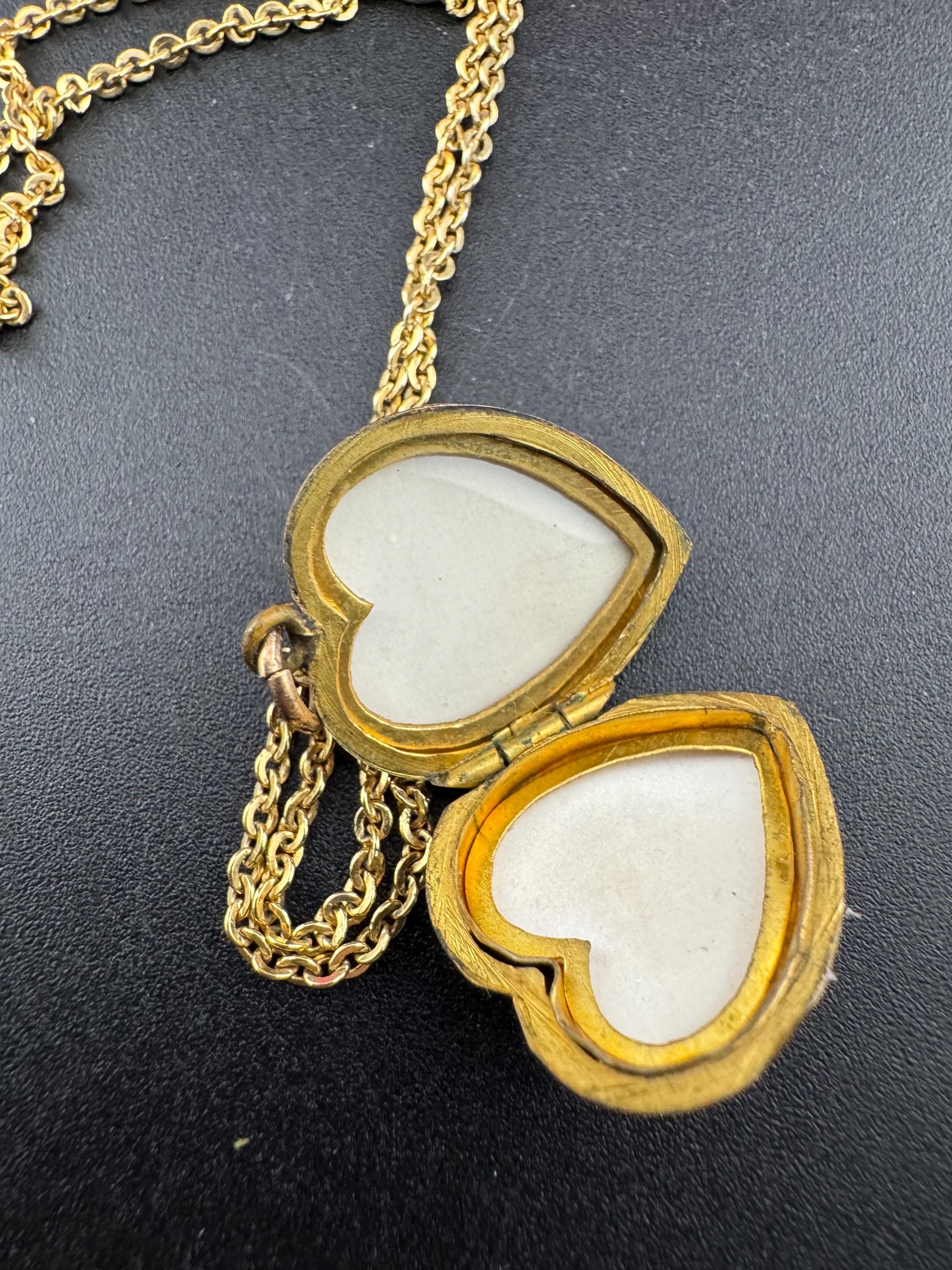 Vintage small heart 9ct gold front and back photo Locket with engraved design, stamped on a rolled gold Andreas daub 48cm chain