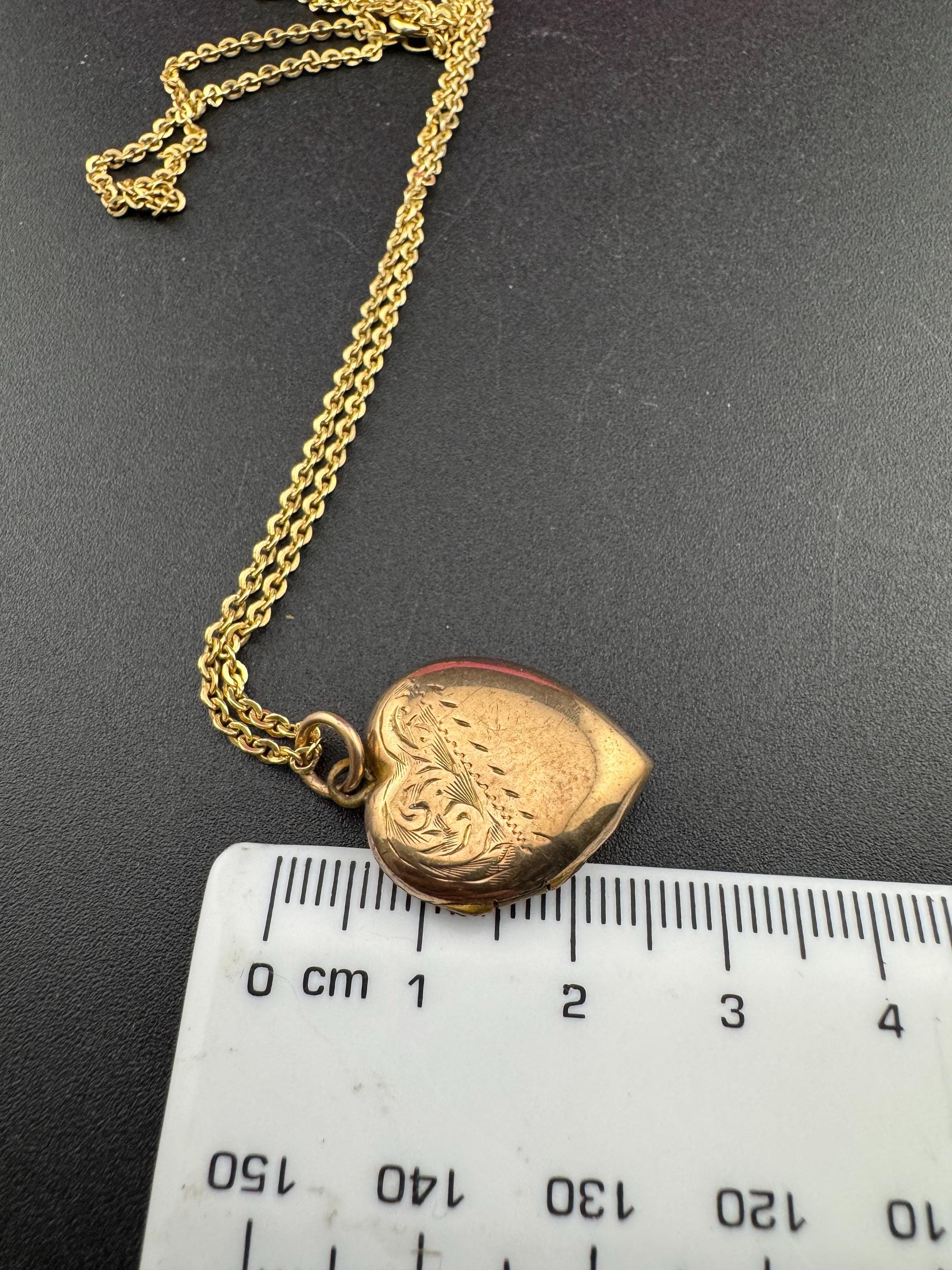 Vintage small heart 9ct gold front and back photo Locket with engraved design, stamped on a rolled gold Andreas daub 48cm chain