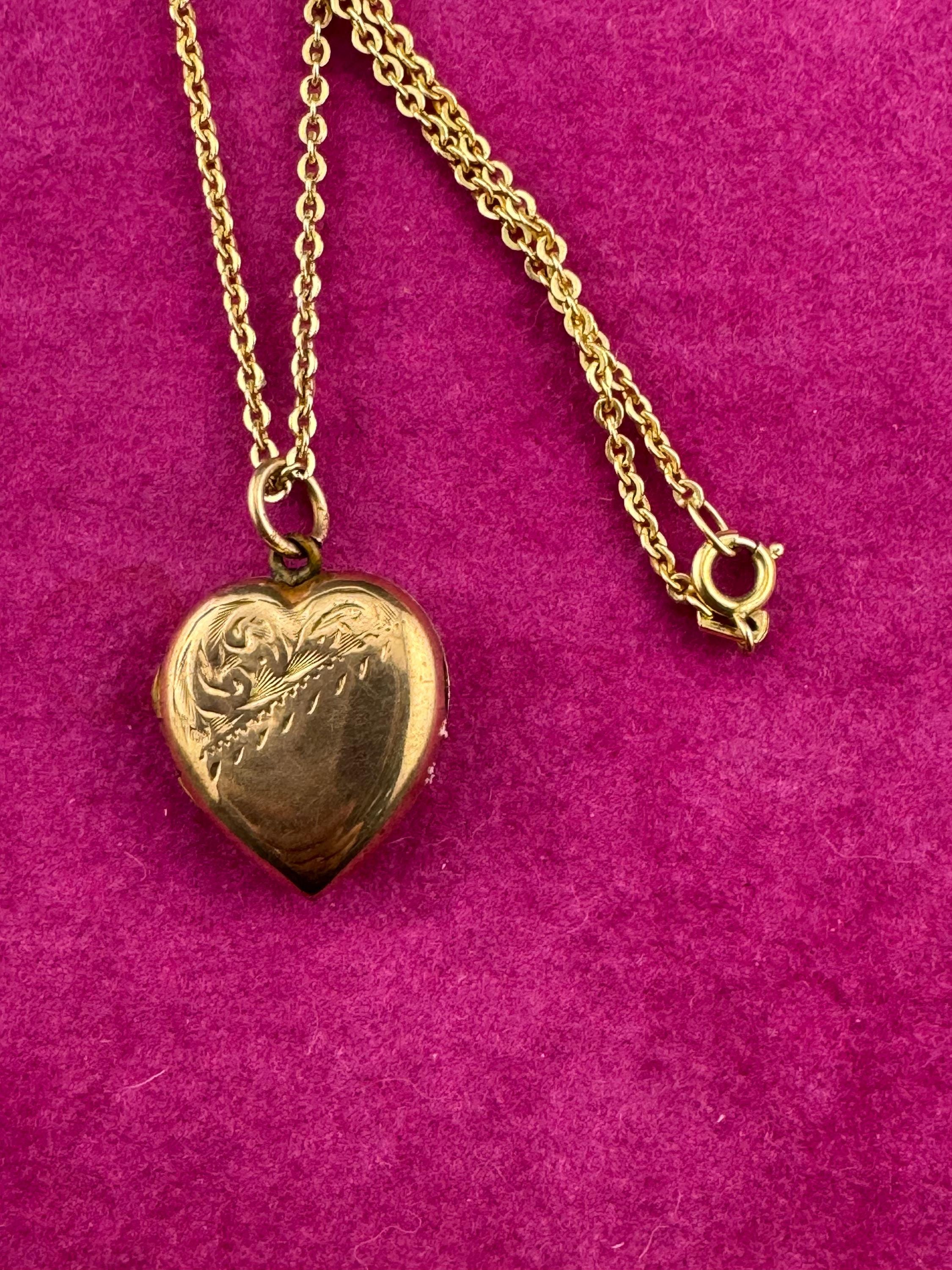 Vintage small heart 9ct gold front and back photo Locket with engraved design, stamped on a rolled gold Andreas daub 48cm chain