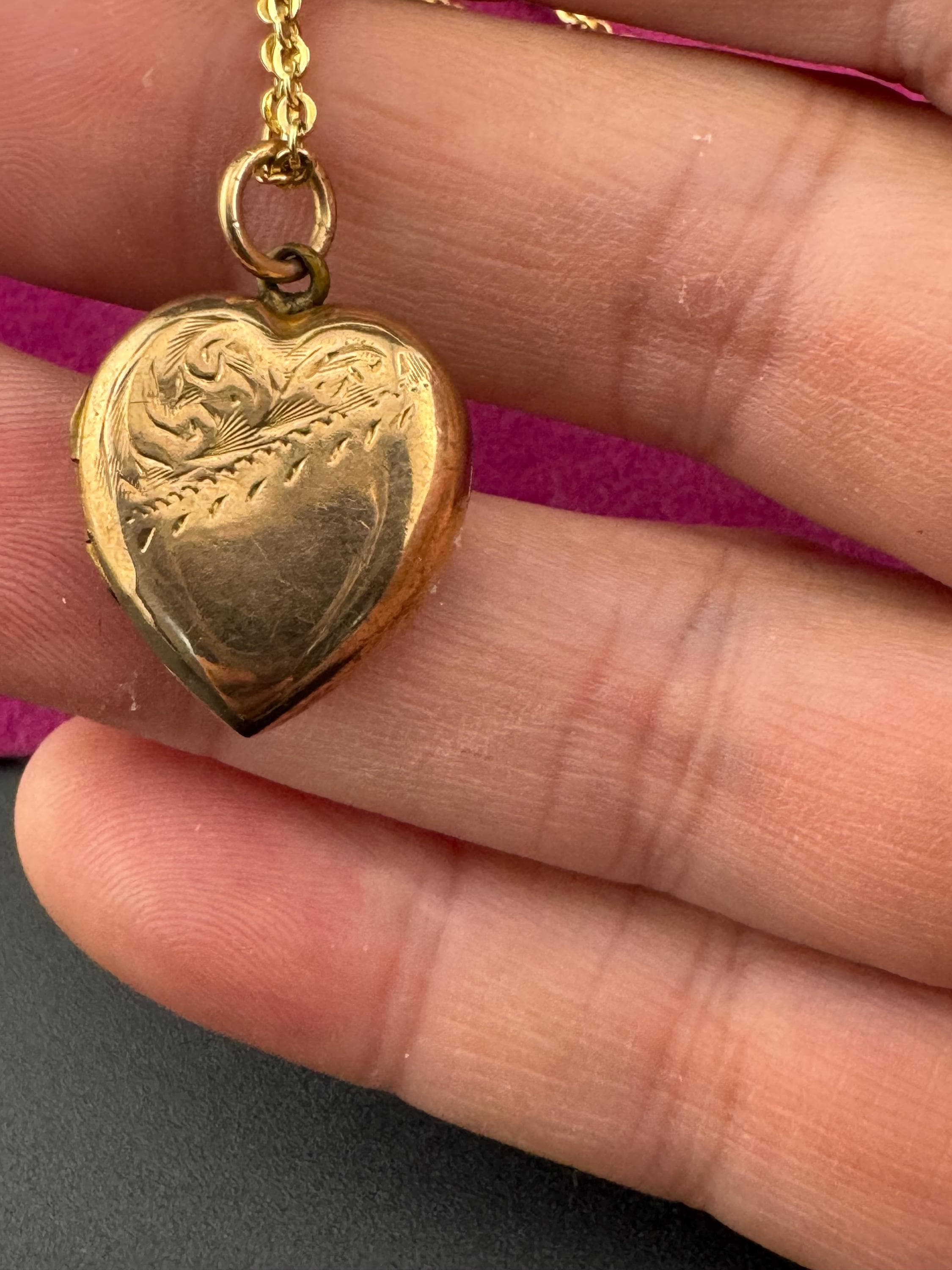 Vintage small heart 9ct gold front and back photo Locket with engraved design, stamped on a rolled gold Andreas daub 48cm chain