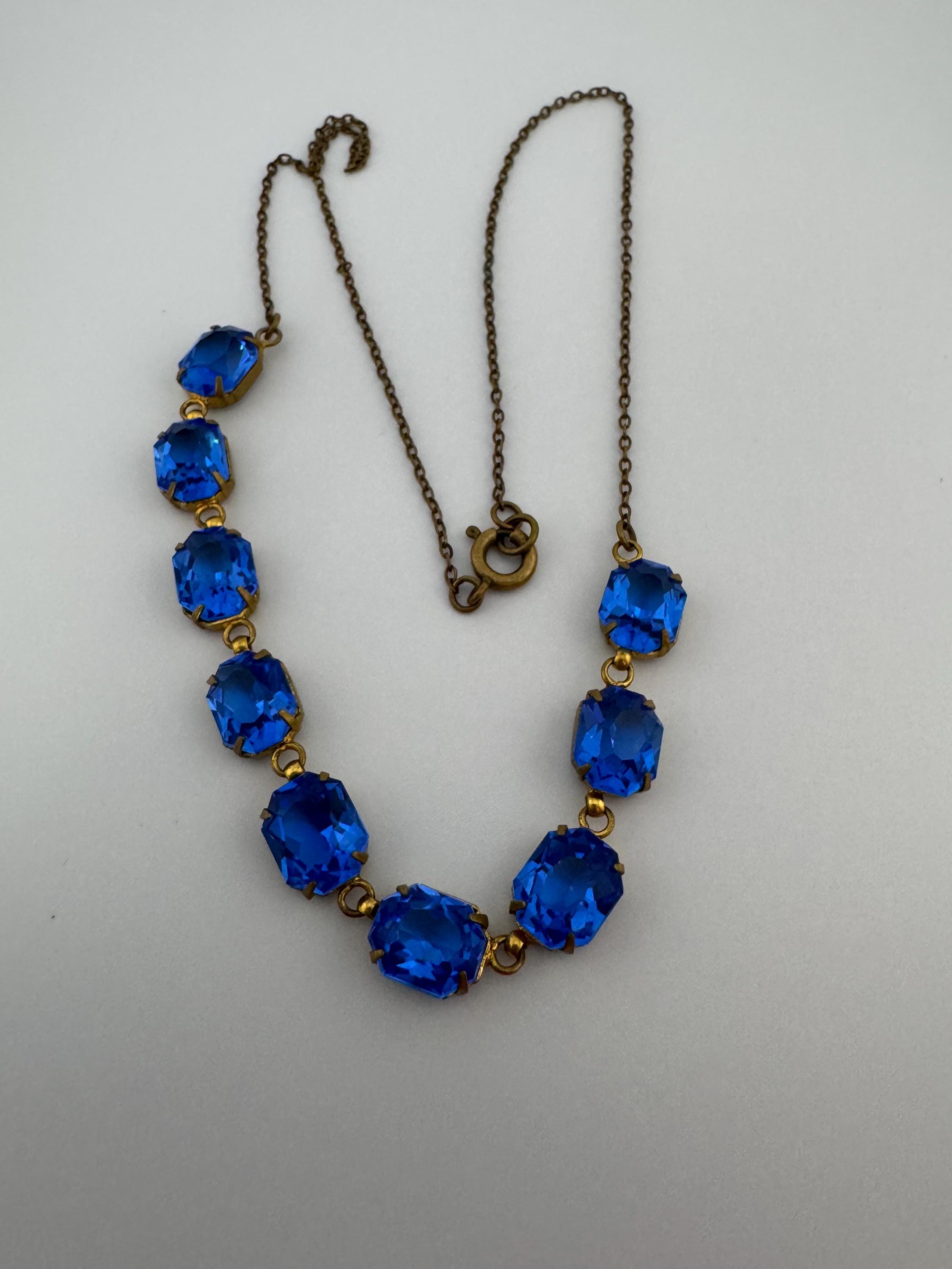 Art Deco Czech Open Back sapphire blue Crystal Gold tone bezel Necklace