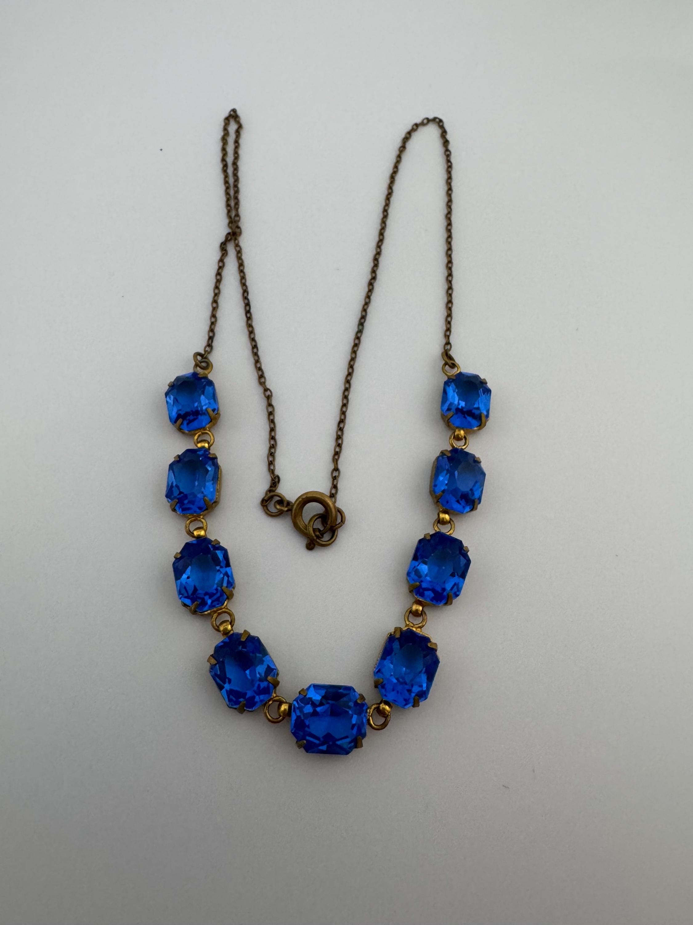 Art Deco Czech Open Back sapphire blue Crystal Gold tone bezel Necklace