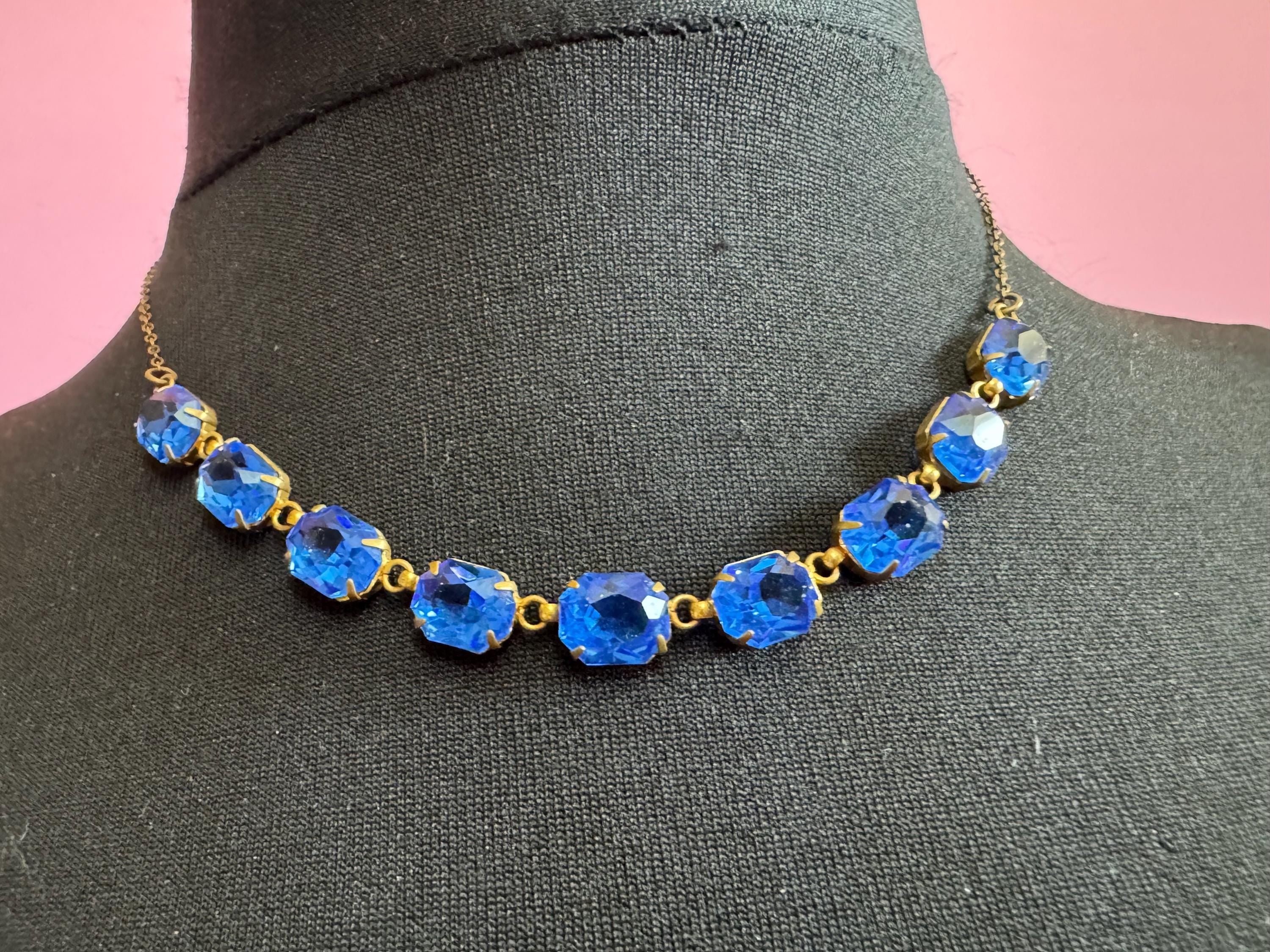 Art Deco Czech Open Back sapphire blue Crystal Gold tone bezel Necklace