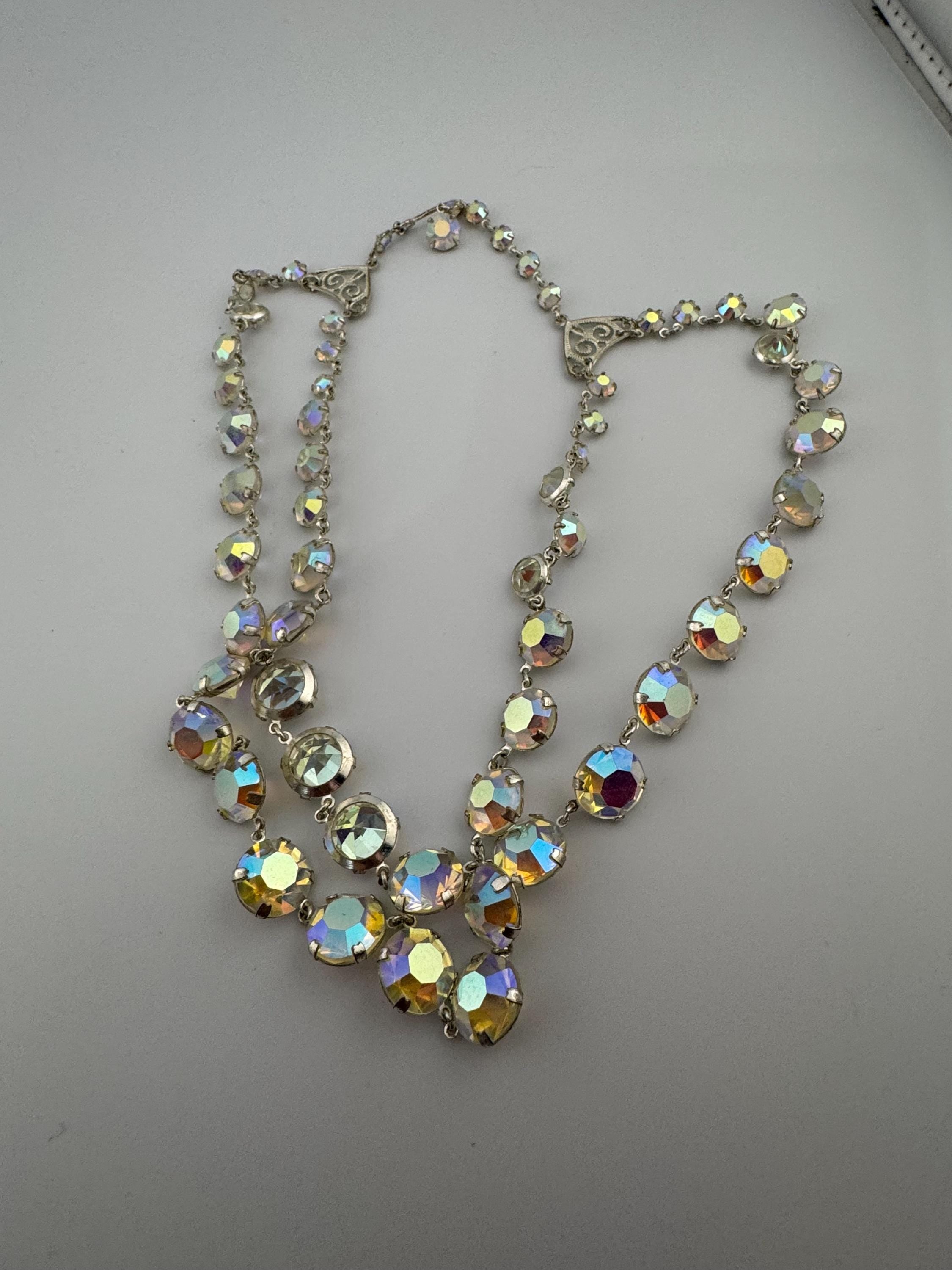AB Aurora borealis rainbow glass necklace open back crystal rivière bezel set 2 row
