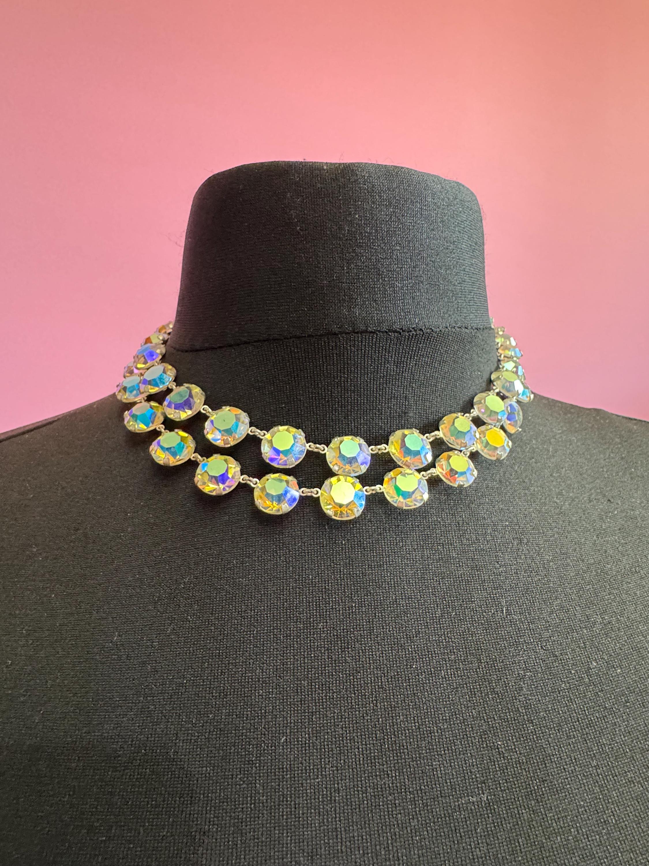 AB Aurora borealis rainbow glass necklace open back crystal rivière bezel set 2 row