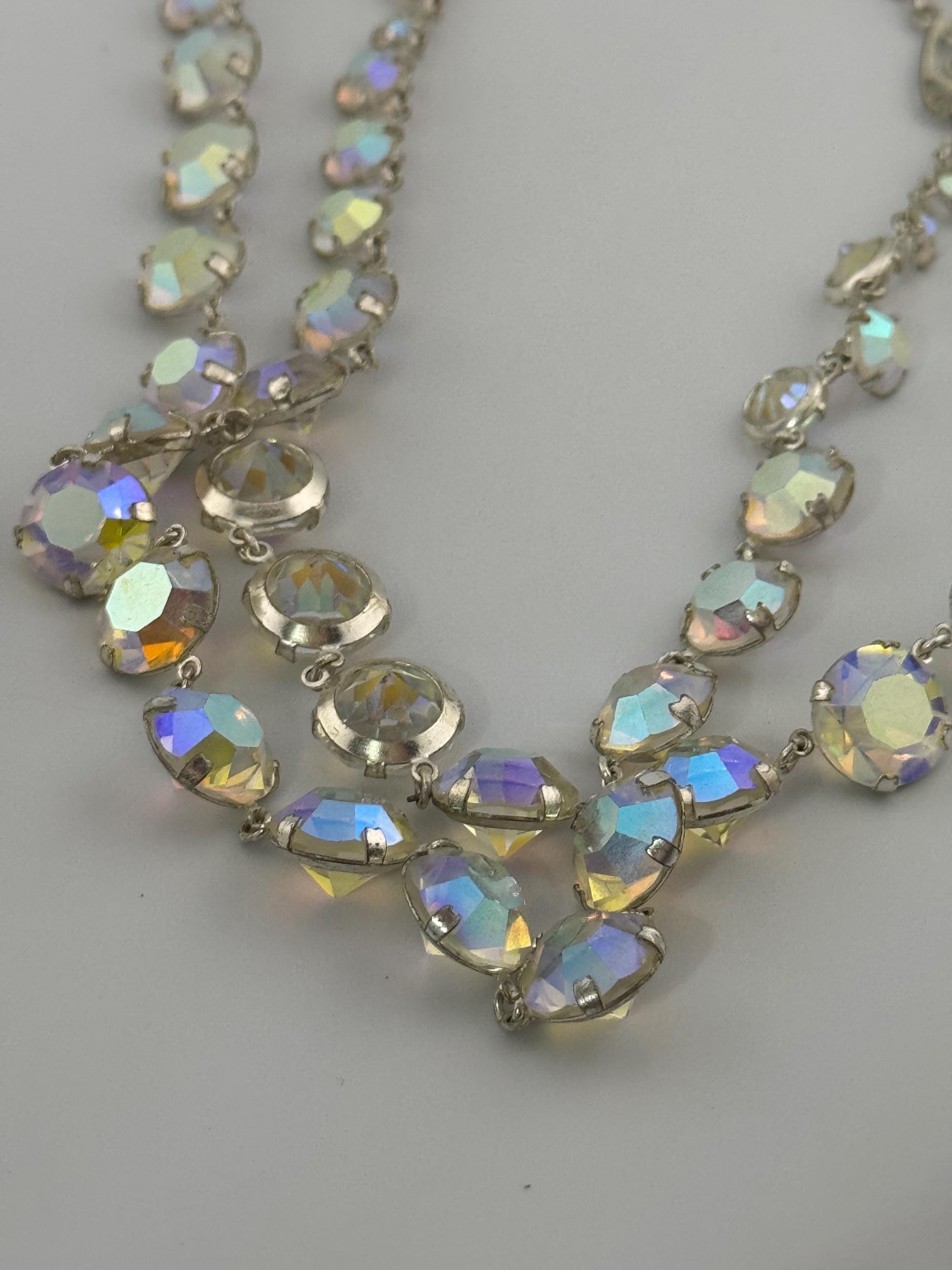 AB Aurora borealis rainbow glass necklace open back crystal rivière bezel set 2 row