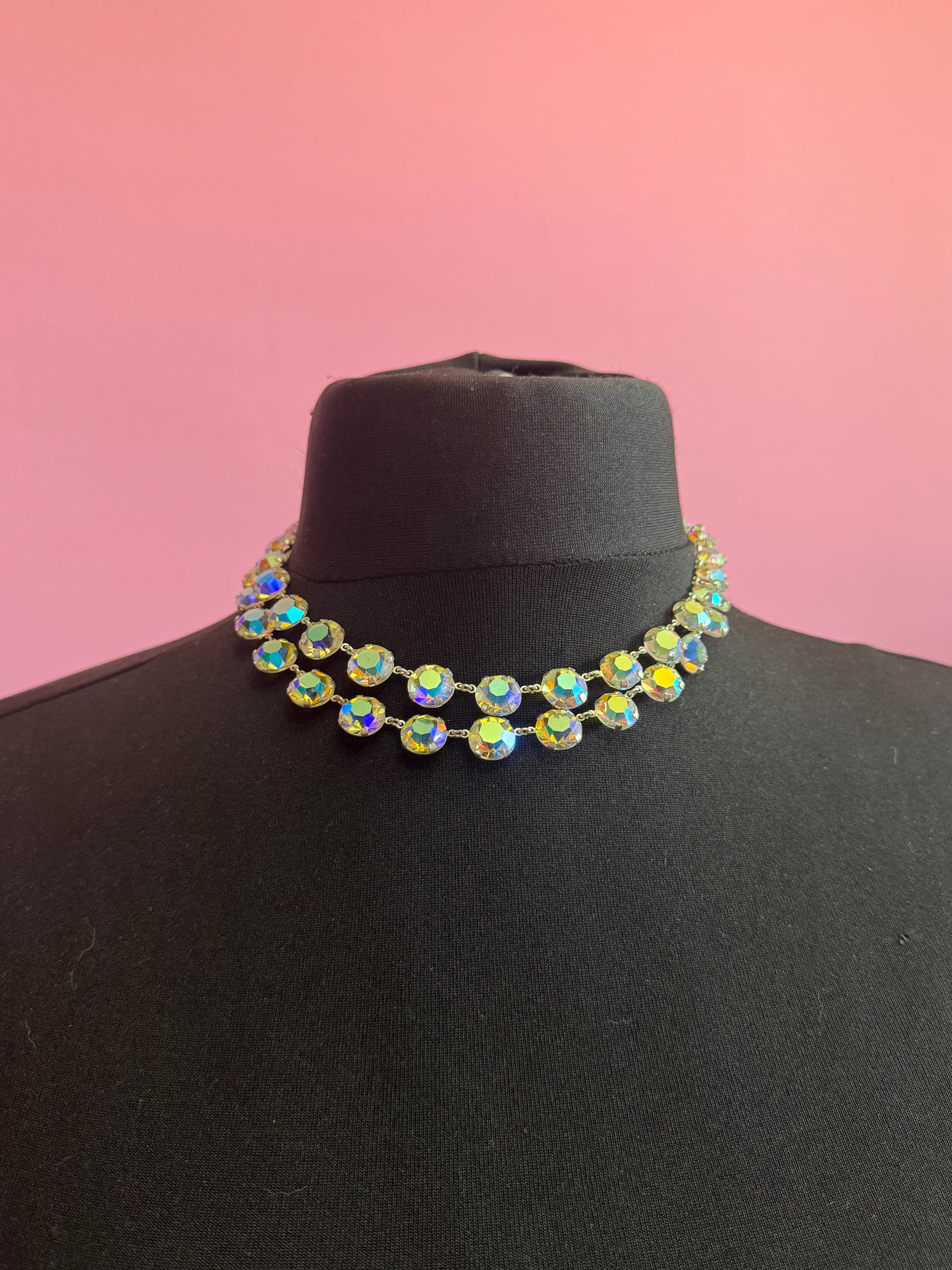 AB Aurora borealis rainbow glass necklace open back crystal rivière bezel set 2 row