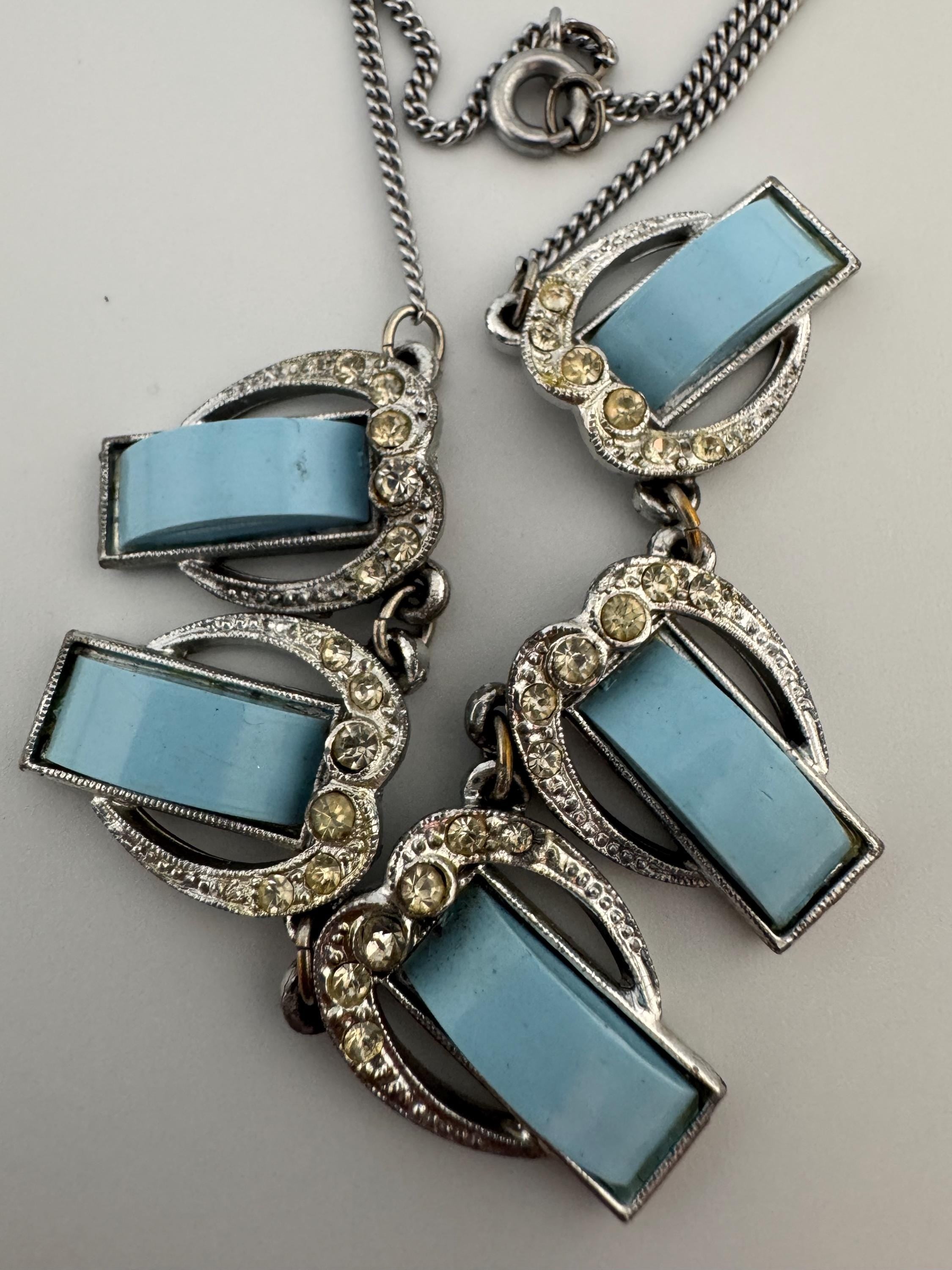 Art Deco Galalith & Rhinestone Panel Link Necklace