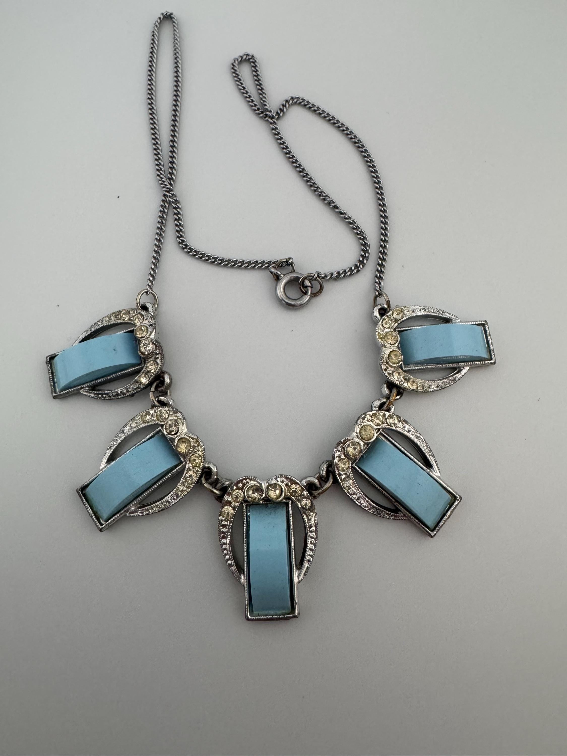 Art Deco Galalith & Rhinestone Panel Link Necklace