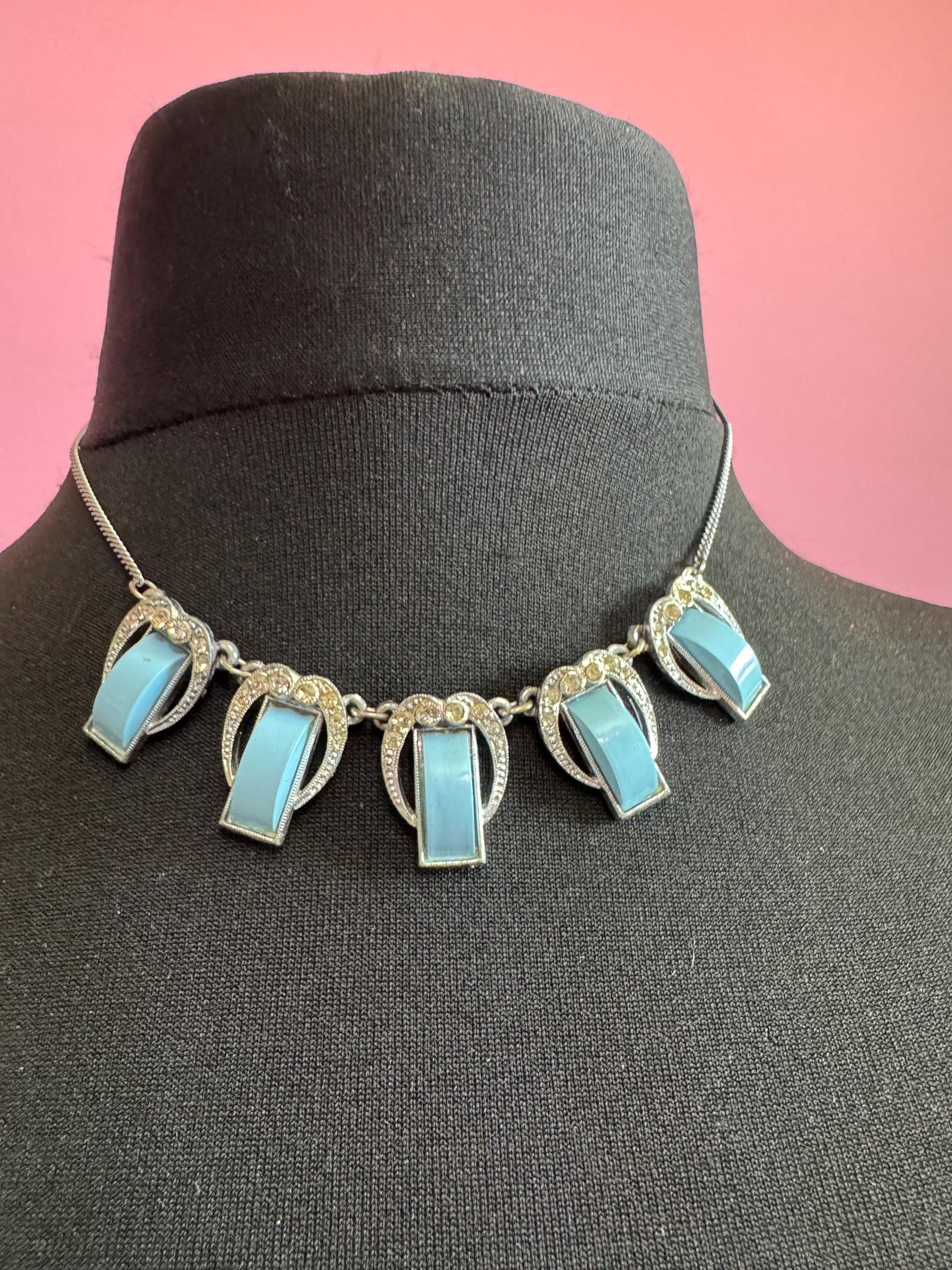 Art Deco Galalith & Rhinestone Panel Link Necklace