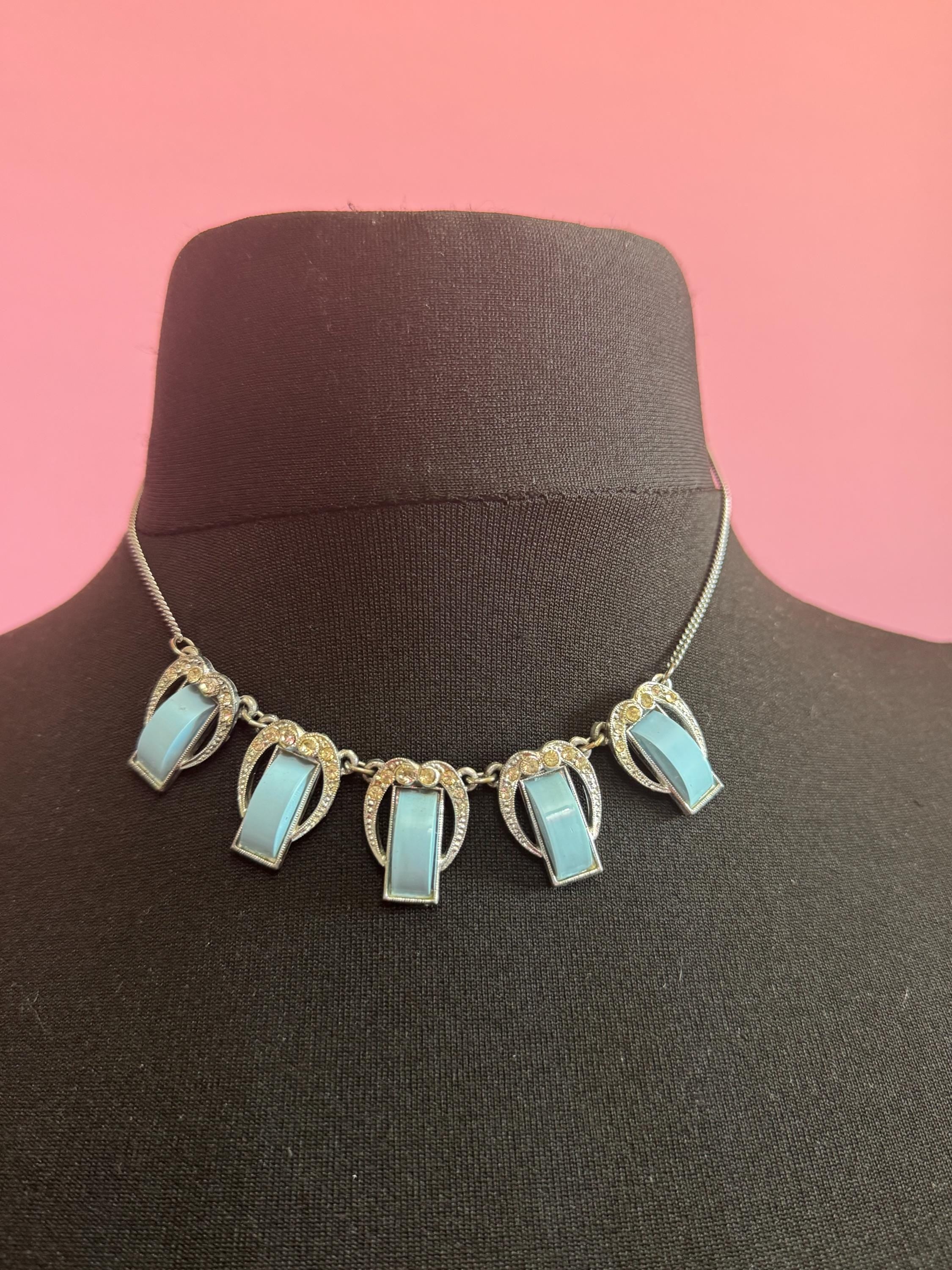 Art Deco Galalith & Rhinestone Panel Link Necklace