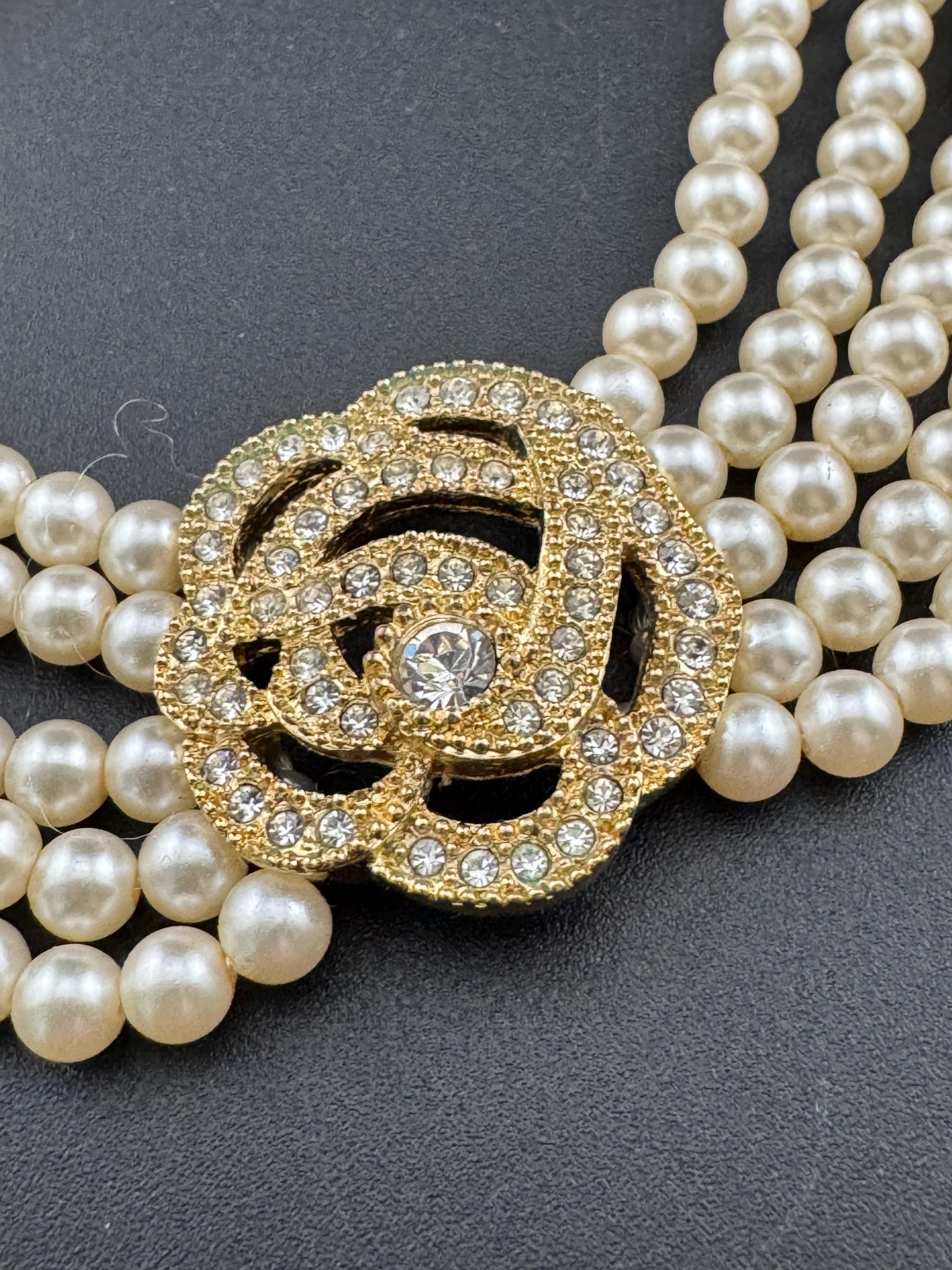 Vintage Christian Dior Pearl Choker with Rhinestone Floral Detail signed