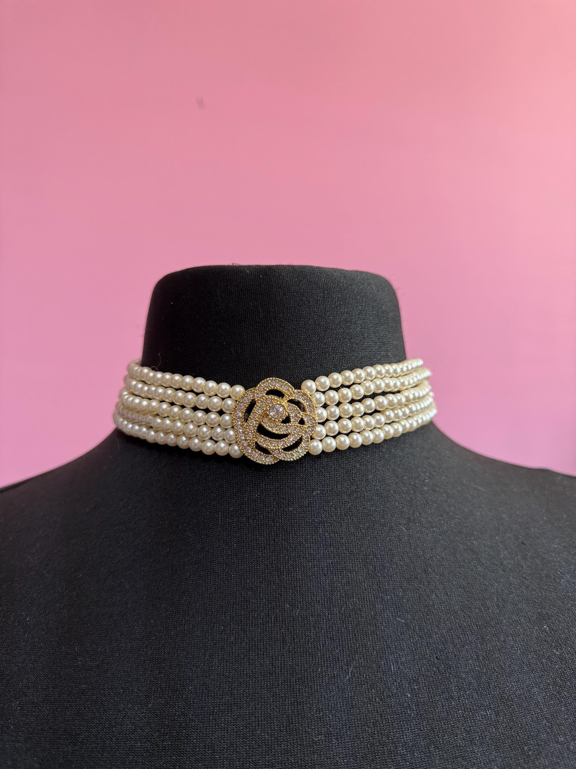 Vintage Christian Dior Pearl Choker with Rhinestone Floral Detail signed
