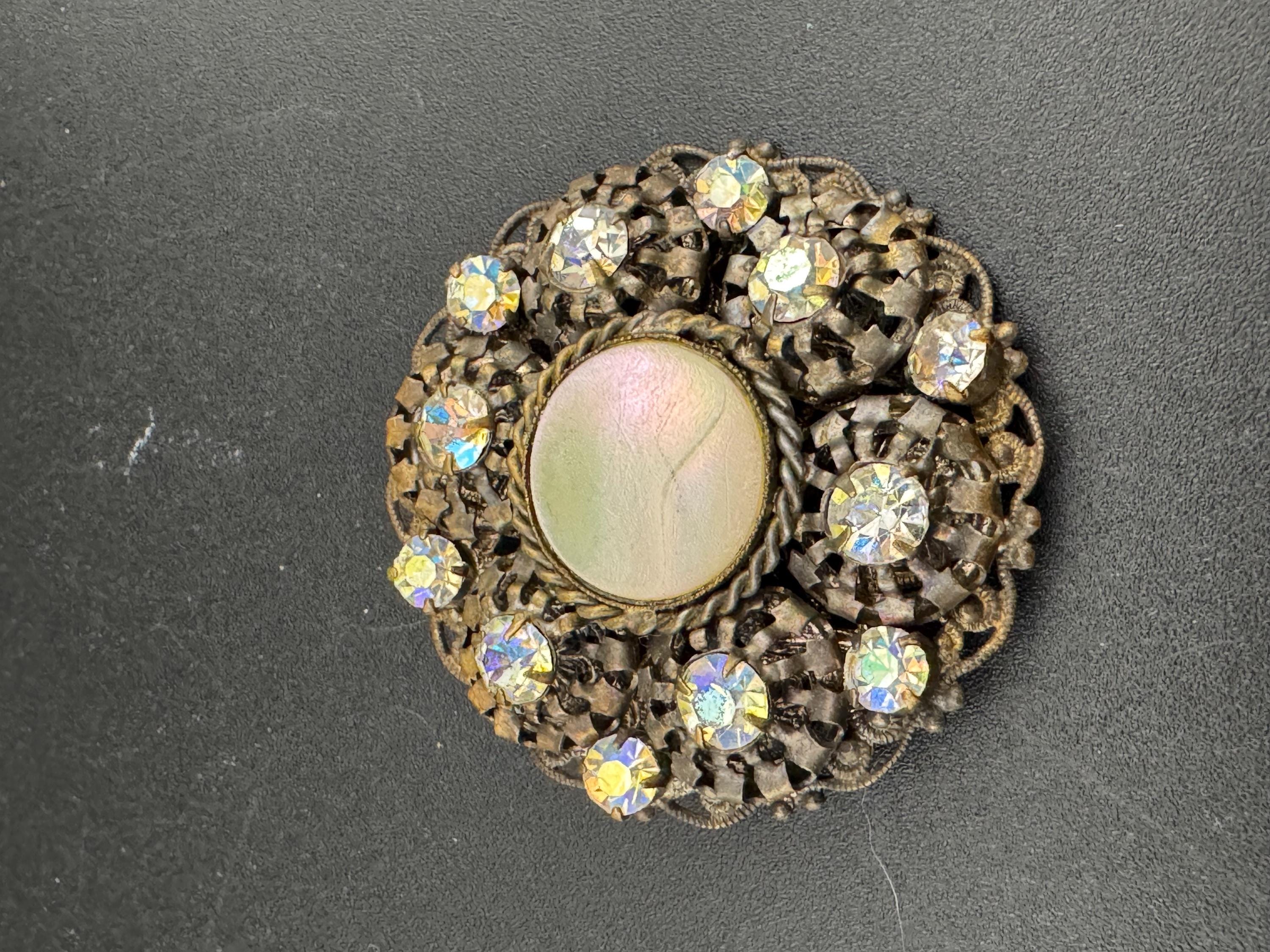 4cm antique Czech bohemian MOP mother of pearl and AB aurora borealis rhinestone brass metal filigree brooch with c clasp