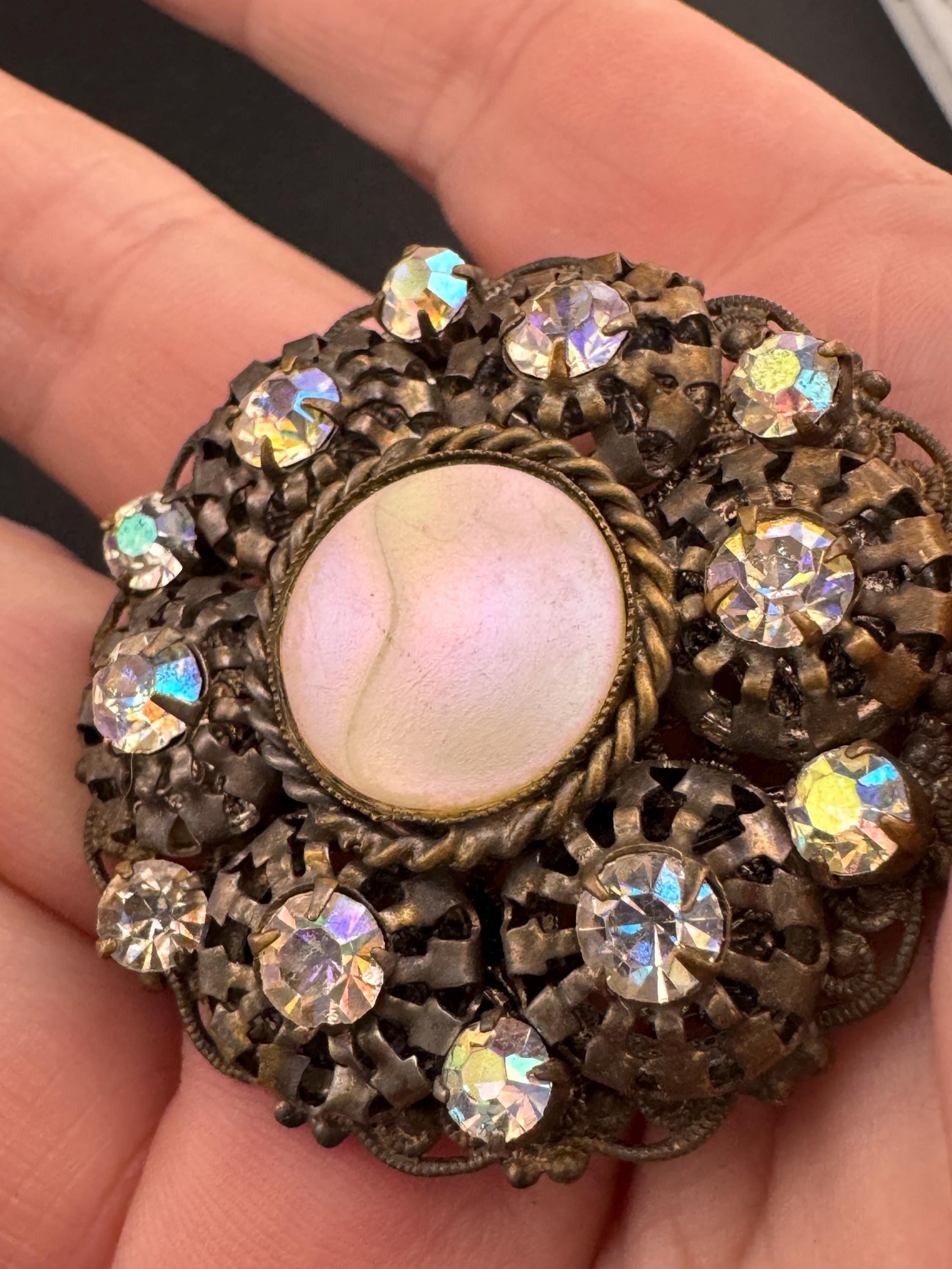 4cm antique Czech bohemian MOP mother of pearl and AB aurora borealis rhinestone brass metal filigree brooch with c clasp
