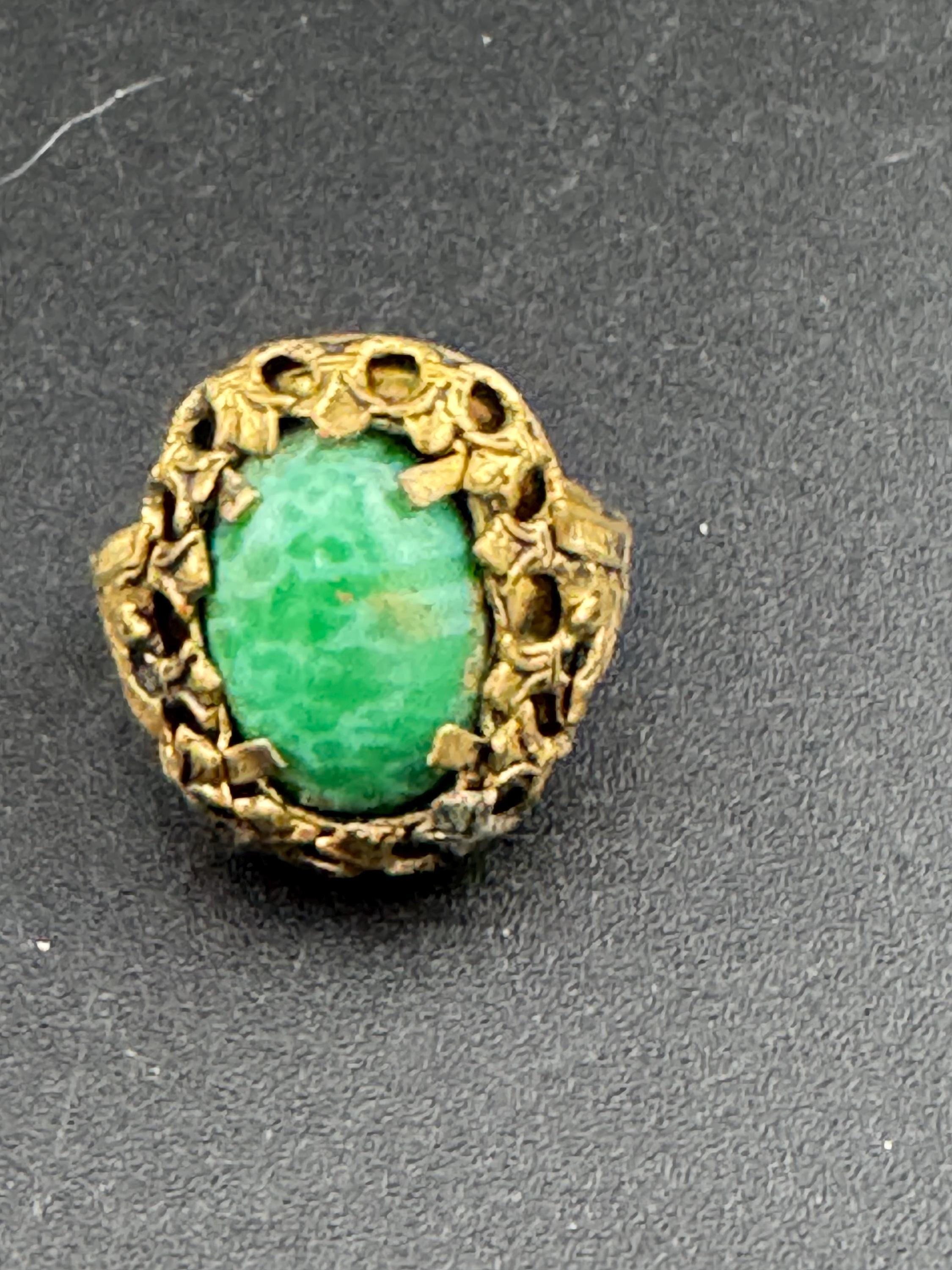 antique art deco Czech Peking glass green cabochon dress ring, adjustable gilt metal , bohemian