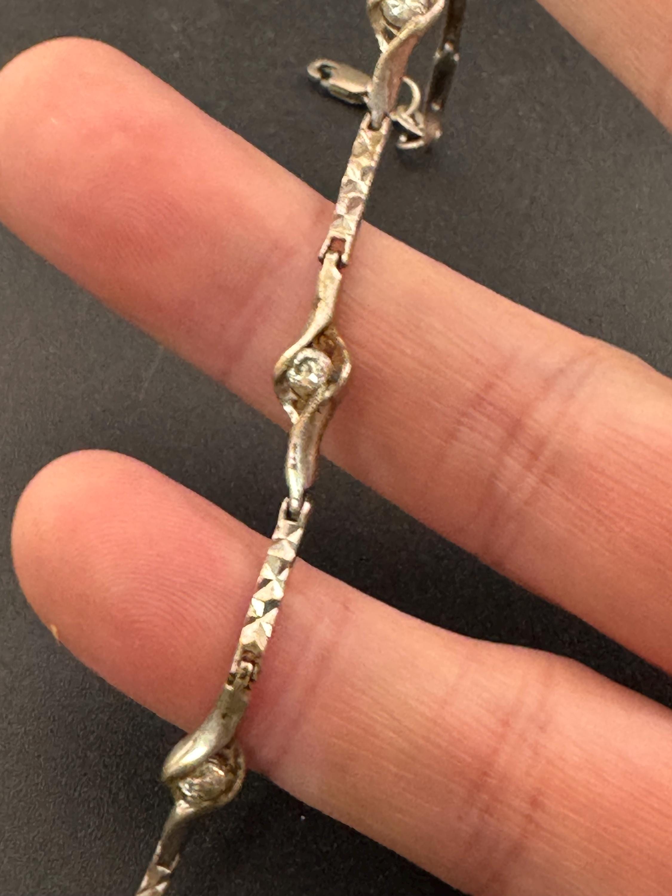 Vintage 925 sterling silver slim crystal set chain link bracelet 22cm 5.6 grams