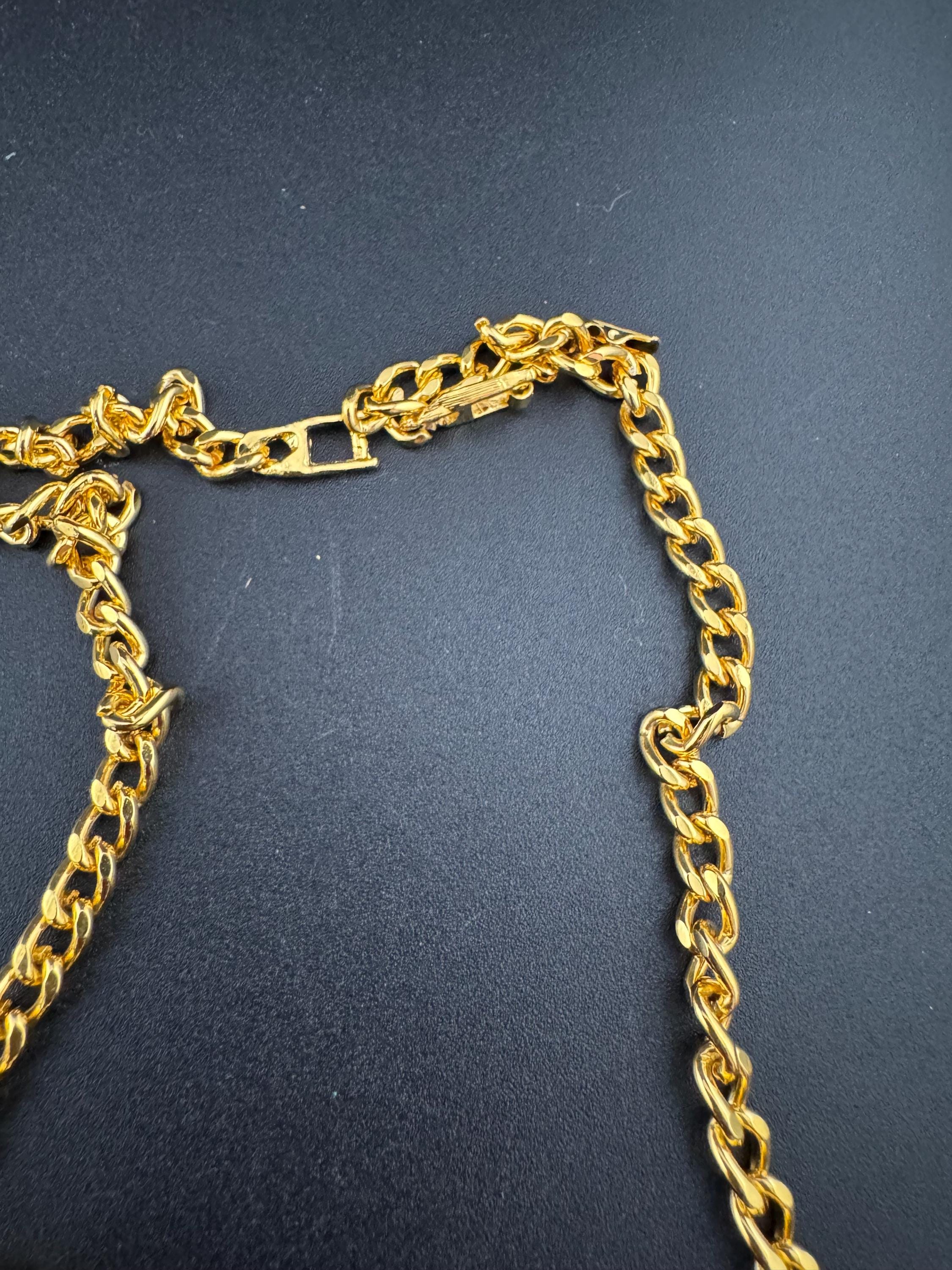 Gold Tone curb chain link Choker necklace with 3 black oval cabochons 41cm old shop stock vintage Swarovski crystals