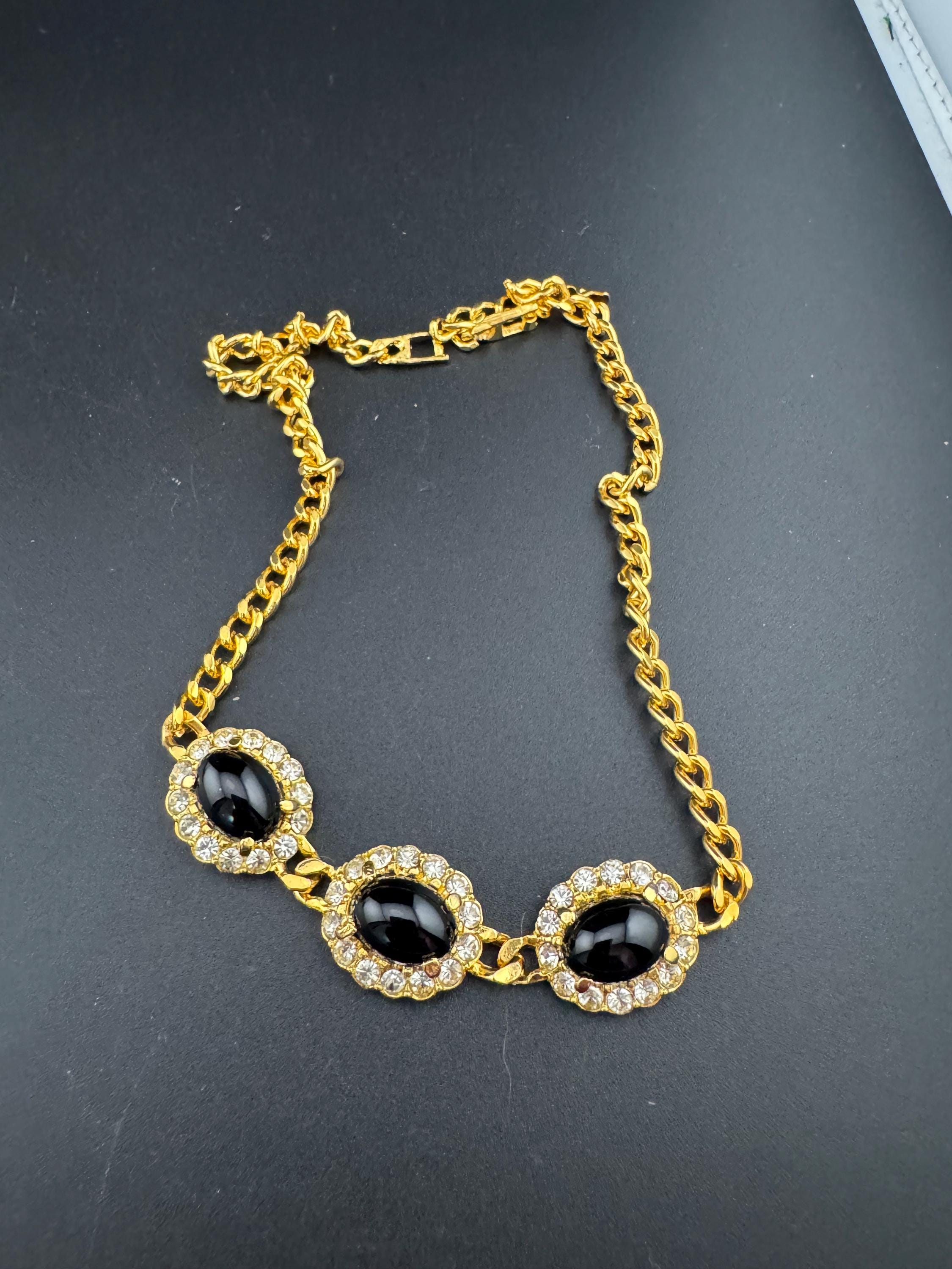 Gold Tone curb chain link Choker necklace with 3 black oval cabochons 41cm old shop stock vintage Swarovski crystals