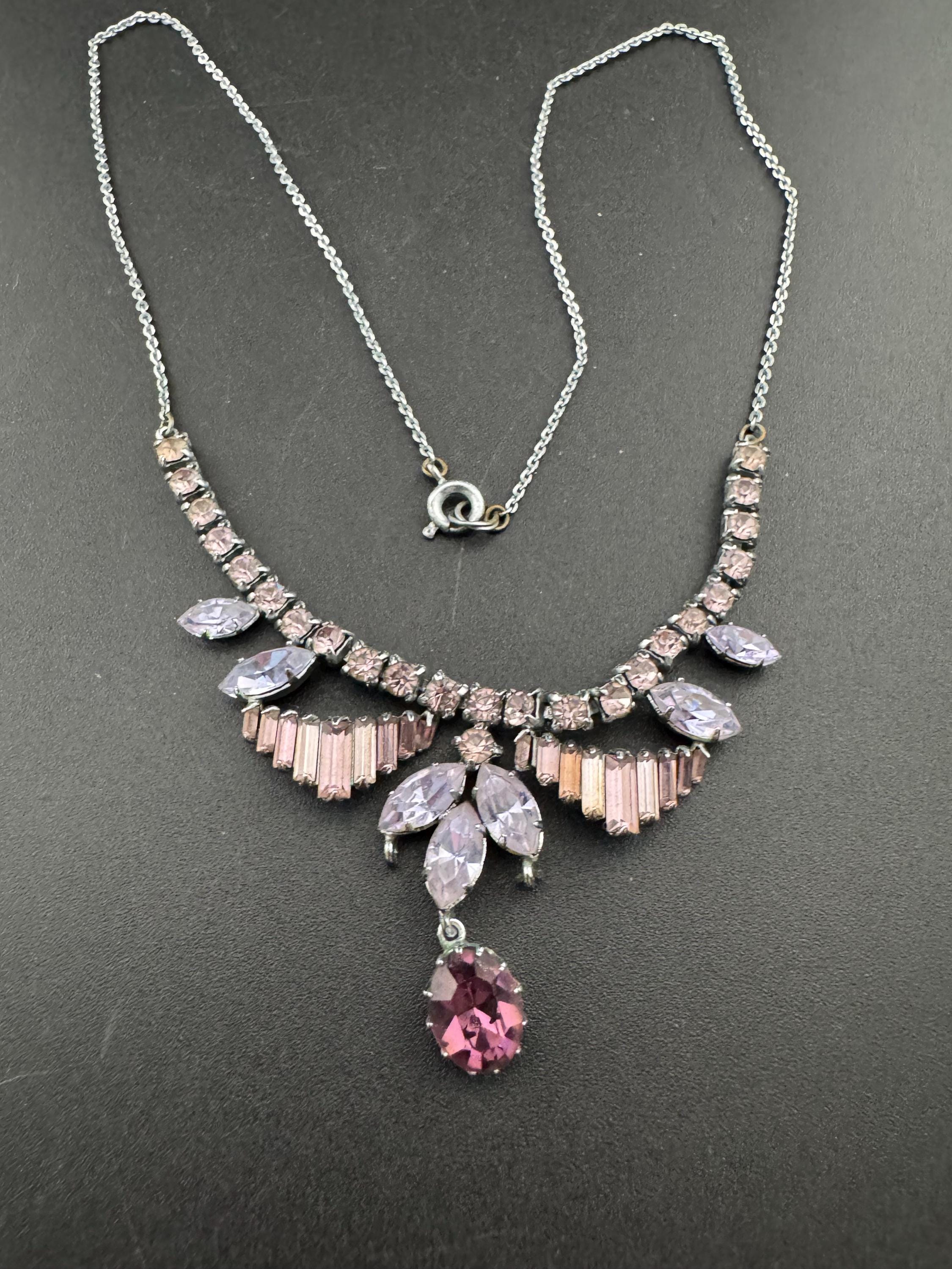 45cm Vintage Amethyst Purple Glass Rhinestone Diamanté Paste Necklace