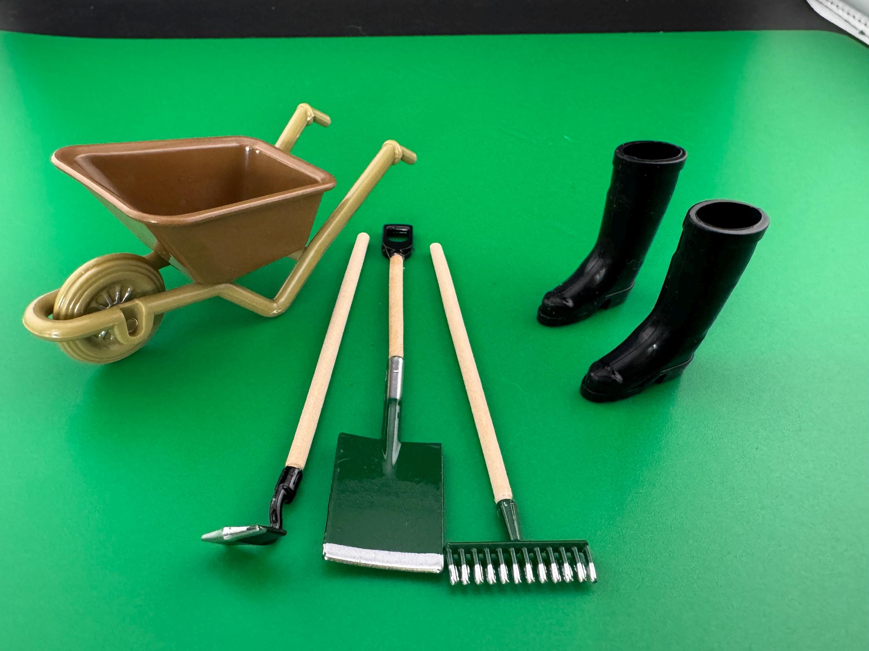 Miniature Garden Tool Set: Wheelbarrow, Boots, Cake Topper Decoration