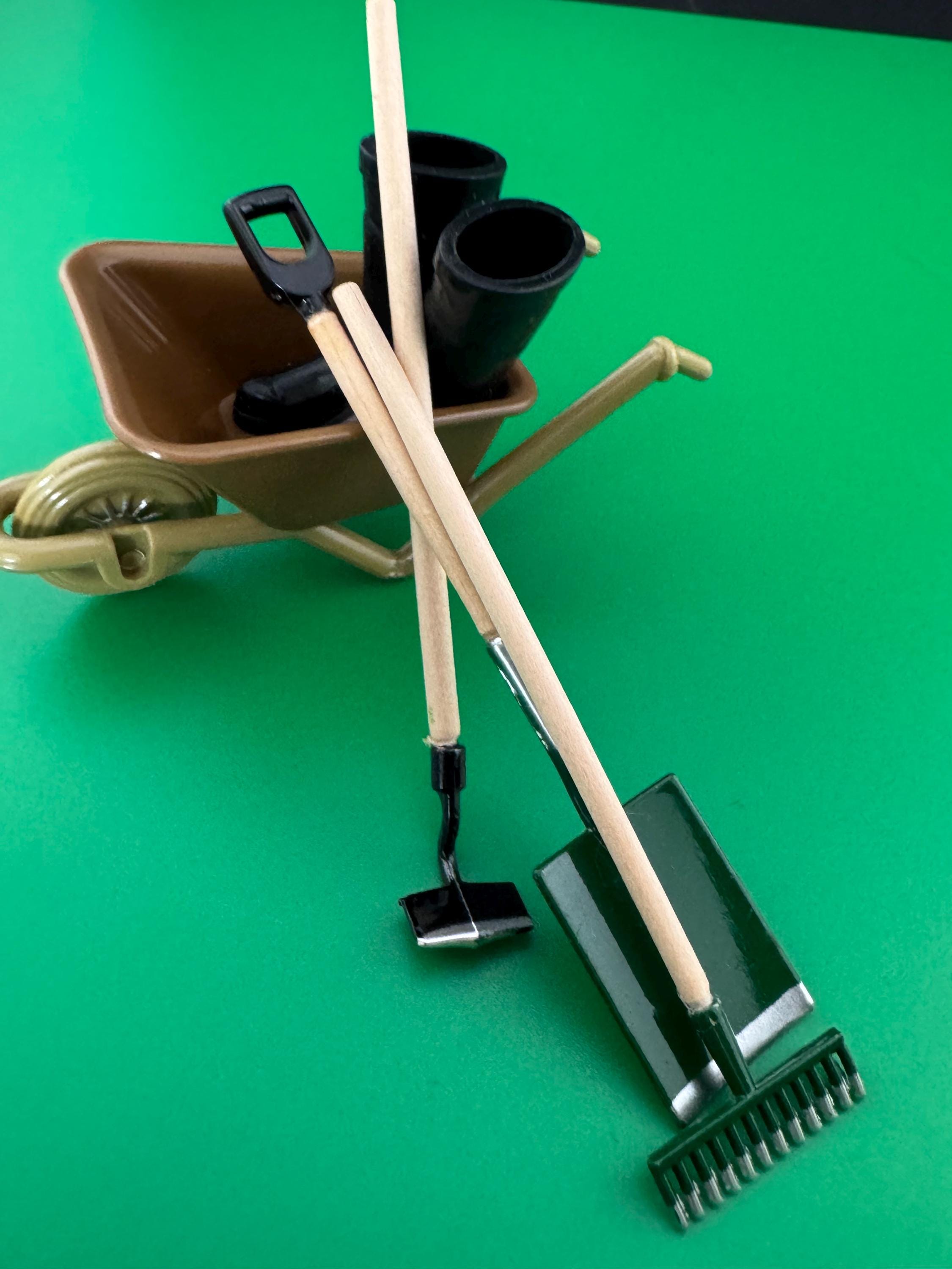 Miniature Garden Tool Set: Wheelbarrow, Boots, Cake Topper Decoration