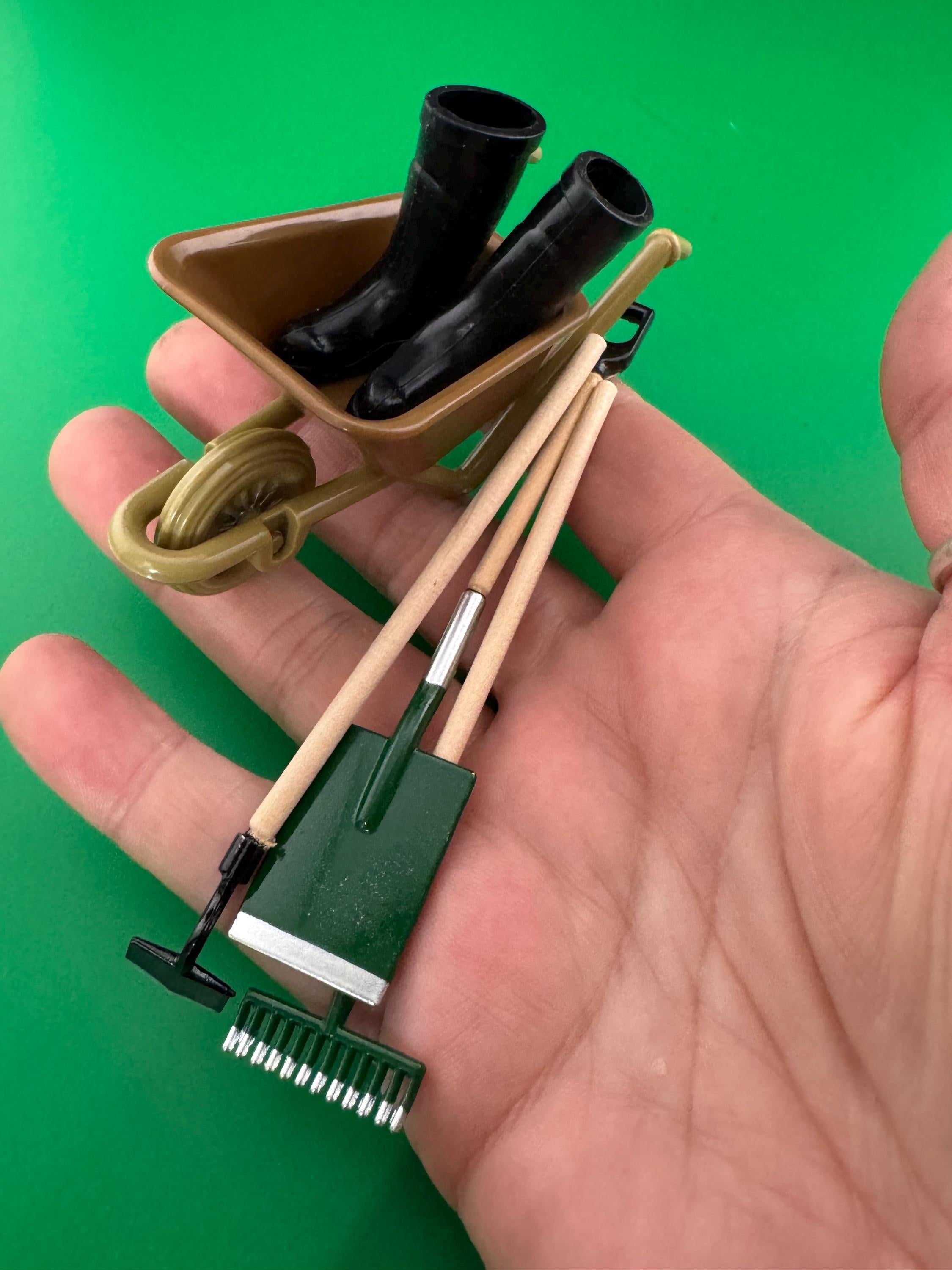 Miniature Garden Tool Set: Wheelbarrow, Boots, Cake Topper Decoration