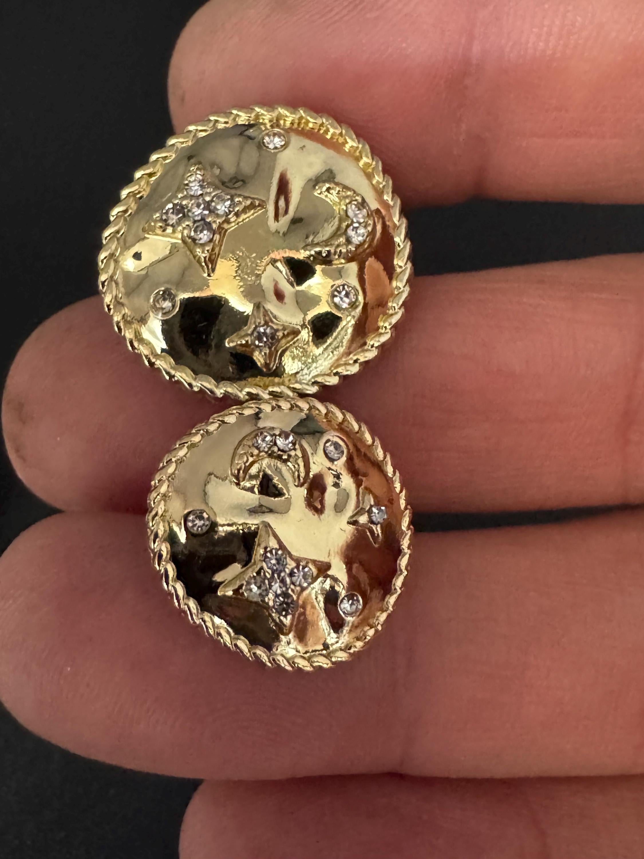 Set of 5 pc 17mm or 22mm crystal moon and star diamanté buttons, metal shank, celestial, glossy gold tone metal