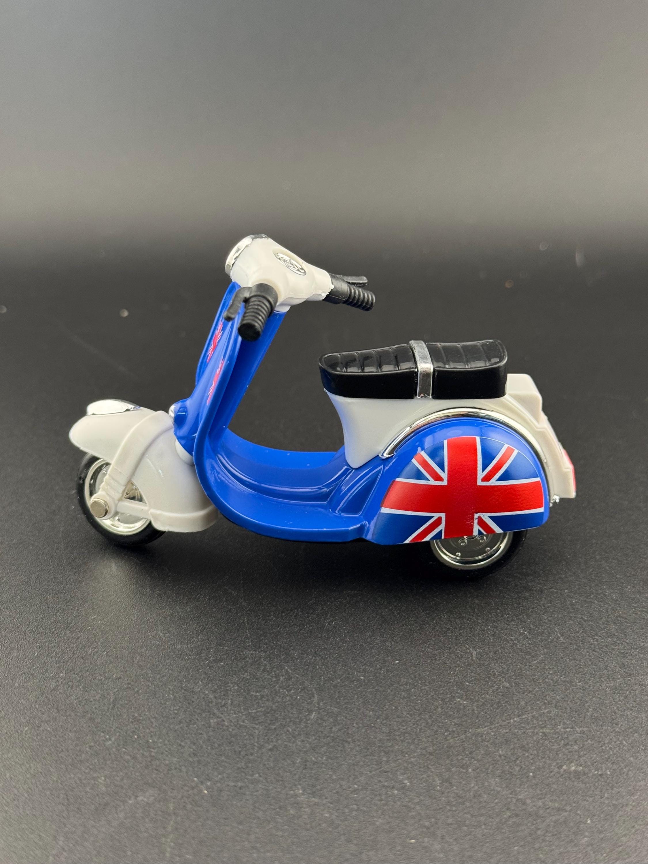 Novelty bright BLUE scooter motorbike toy birthday cake topper decoration, Union Jack design UK