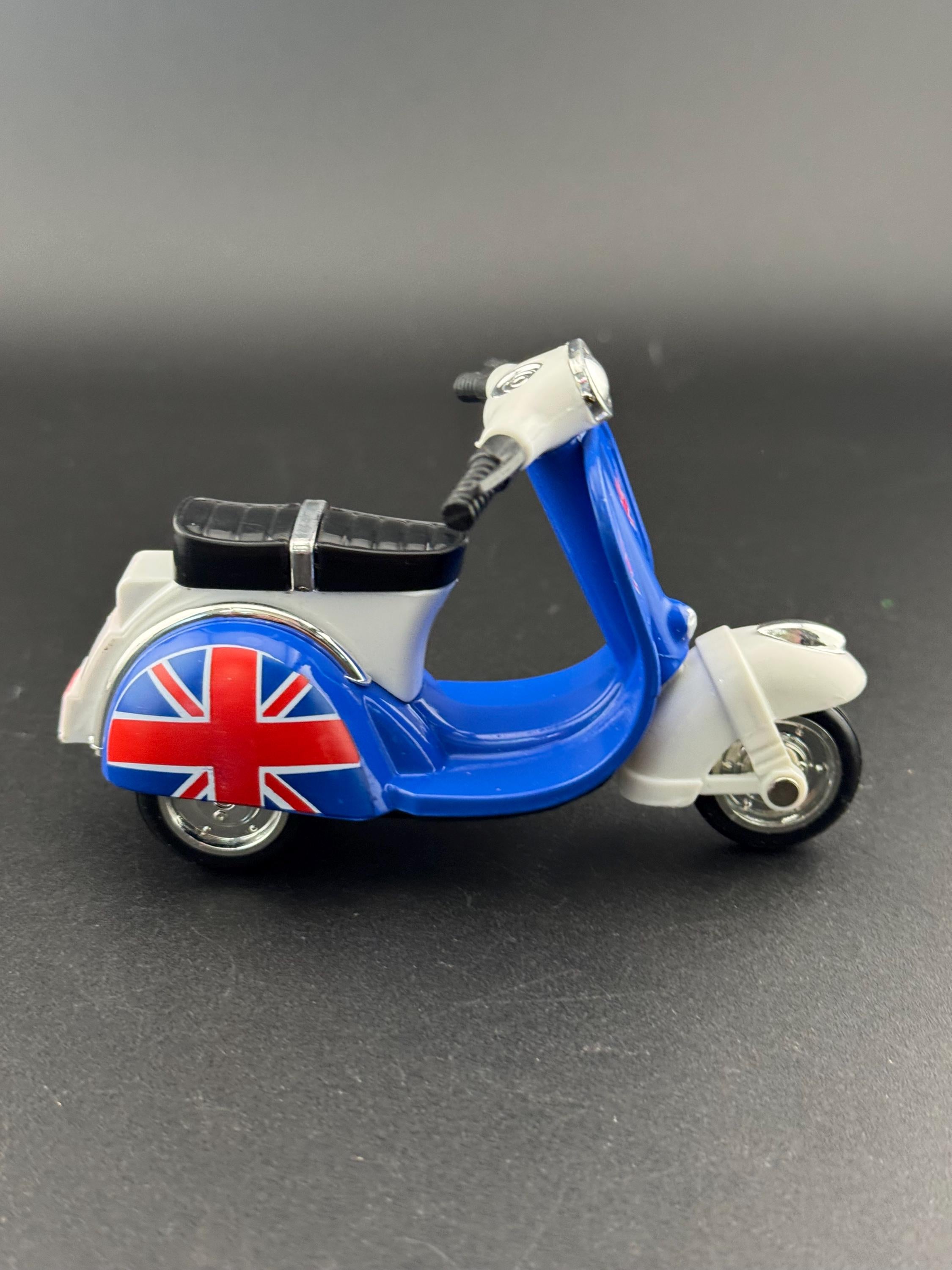 Novelty bright BLUE scooter motorbike toy birthday cake topper decoration, Union Jack design UK