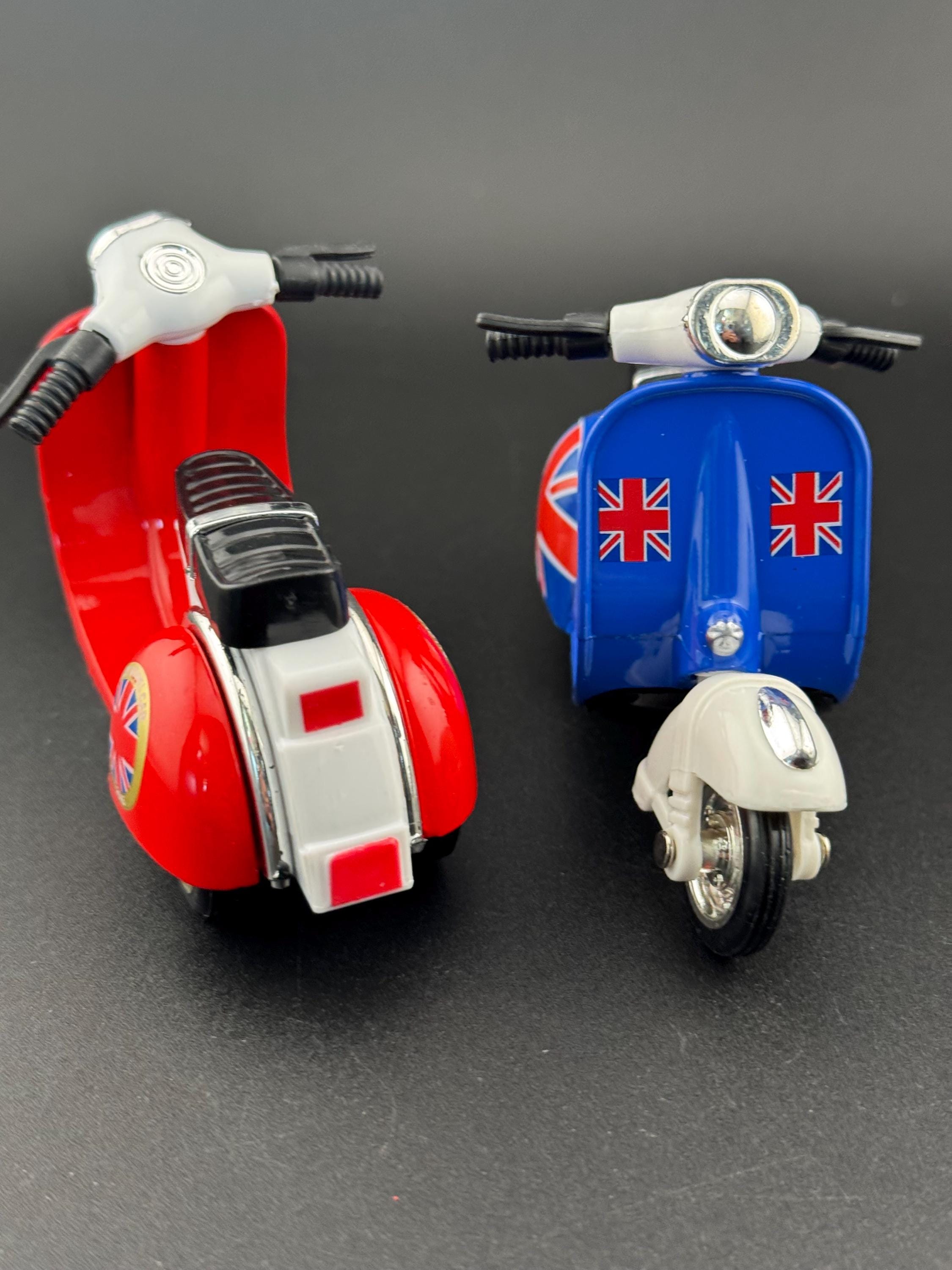 Novelty bright BLUE scooter motorbike toy birthday cake topper decoration, Union Jack design UK