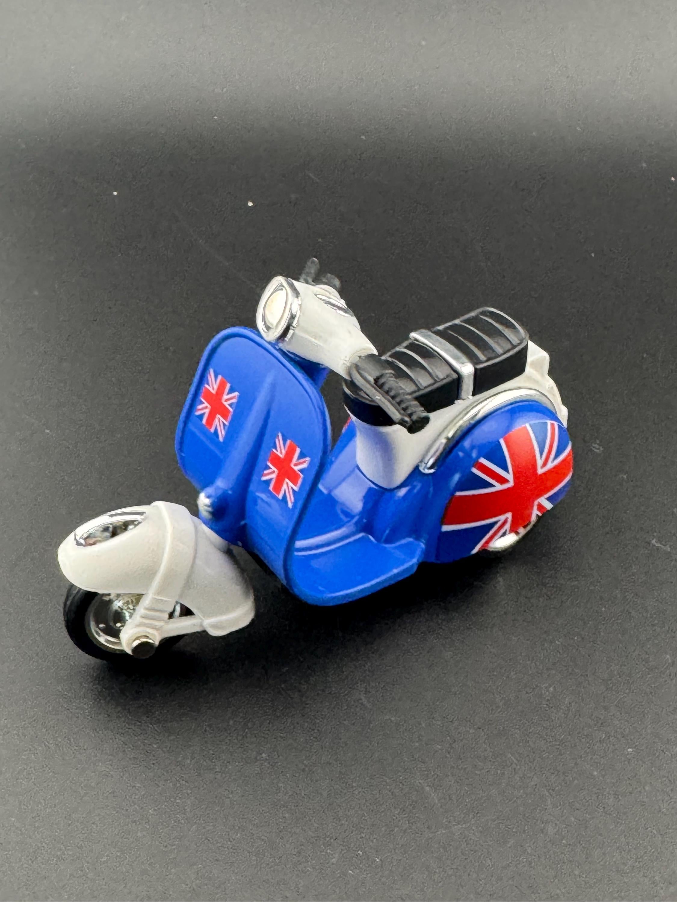 Novelty bright BLUE scooter motorbike toy birthday cake topper decoration, Union Jack design UK