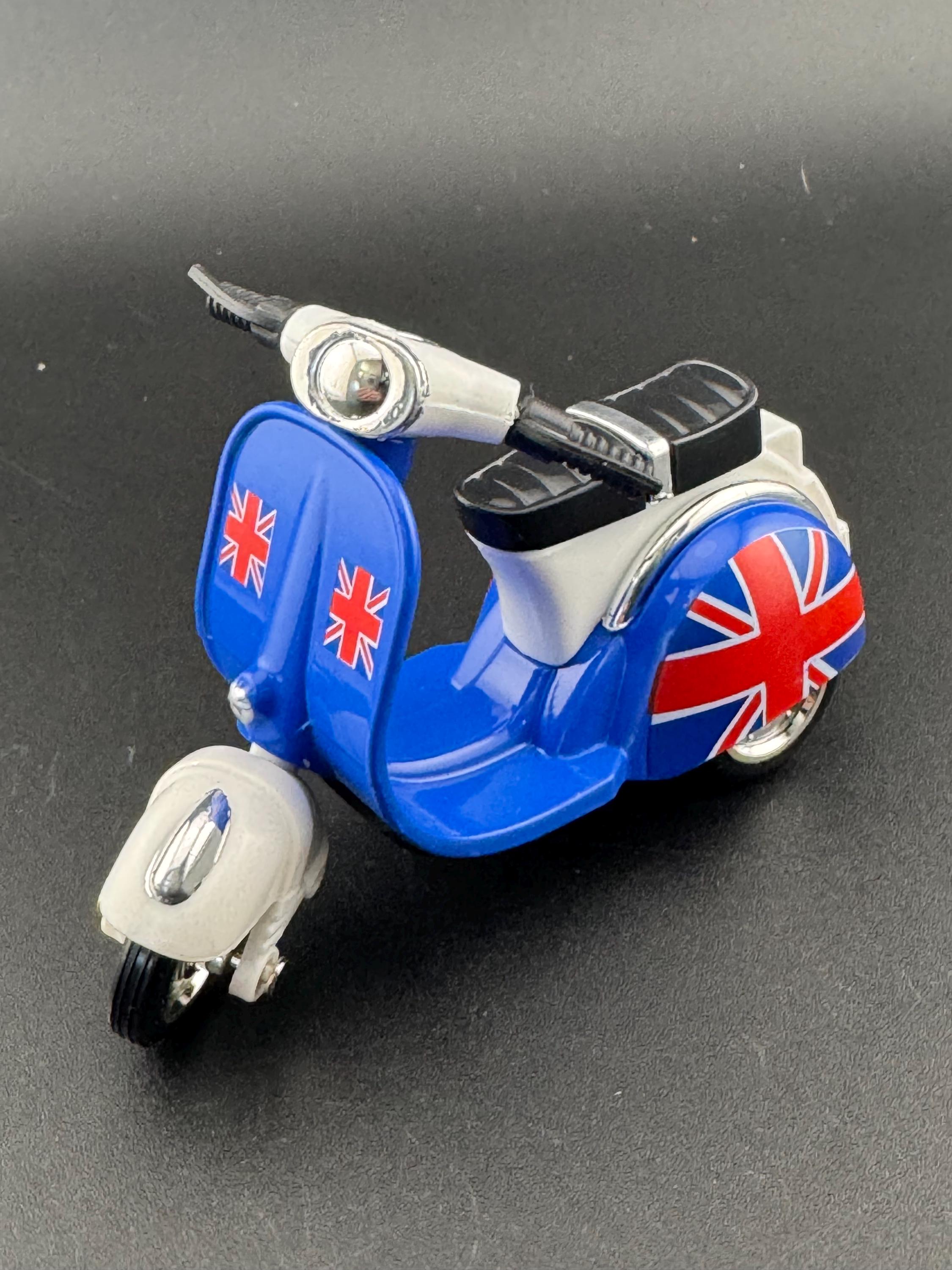 Novelty bright BLUE scooter motorbike toy birthday cake topper decoration, Union Jack design UK