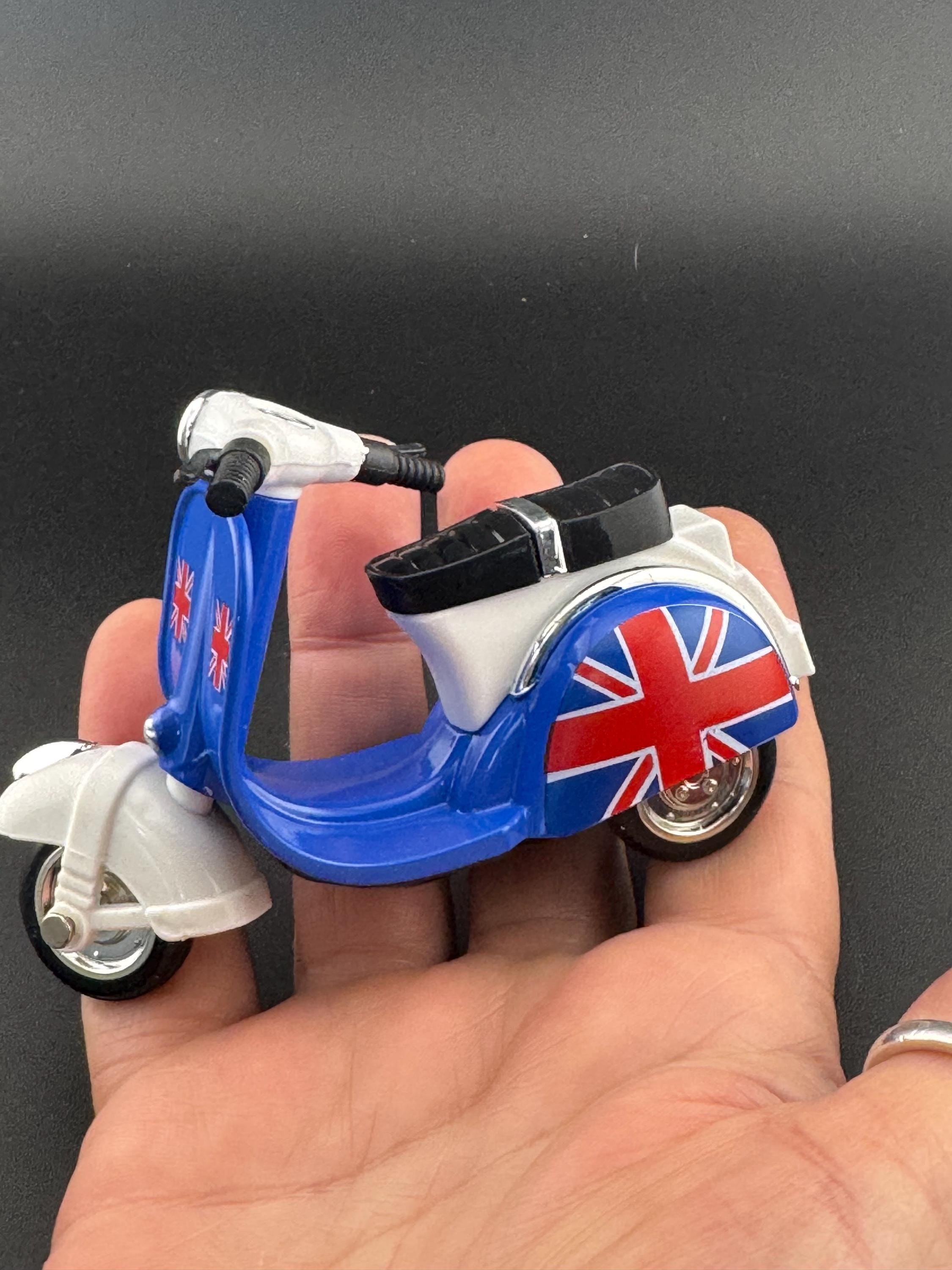 Novelty bright BLUE scooter motorbike toy birthday cake topper decoration, Union Jack design UK