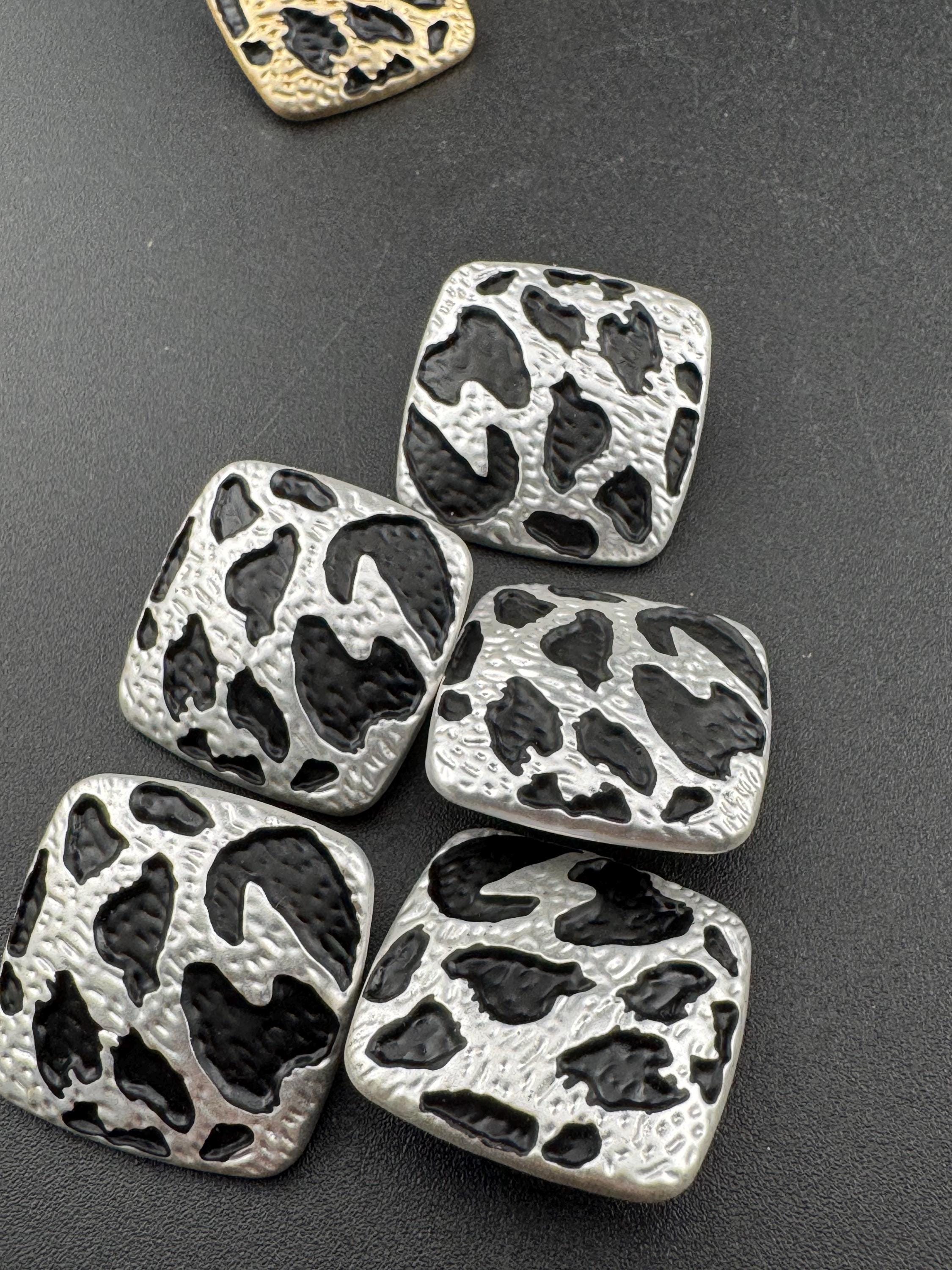 Leopard Print Buttons: 20mm Square, Gold or Silver Tone metal (5 pcs)
