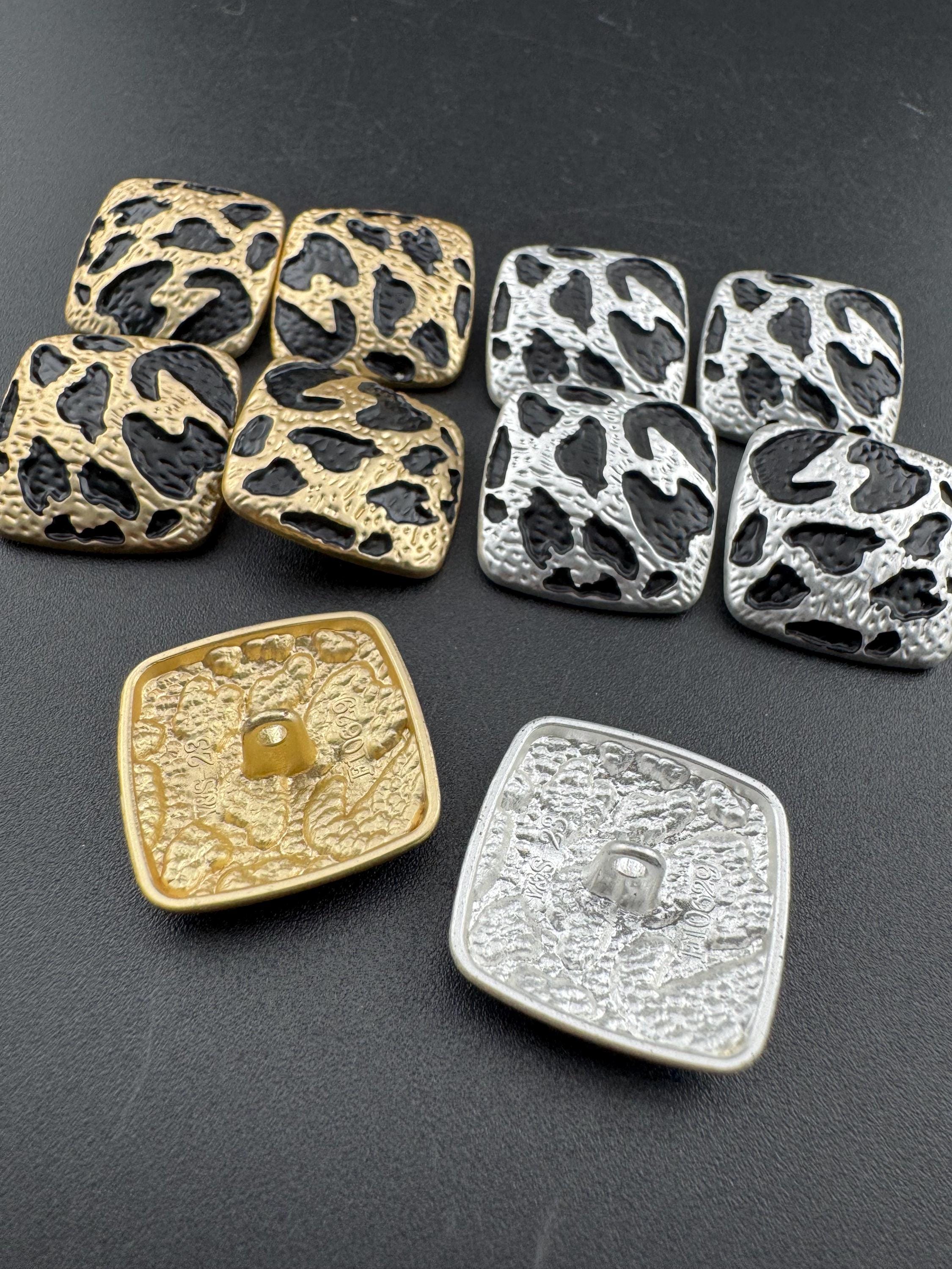 Leopard Print Buttons: 20mm Square, Gold or Silver Tone metal (5 pcs)
