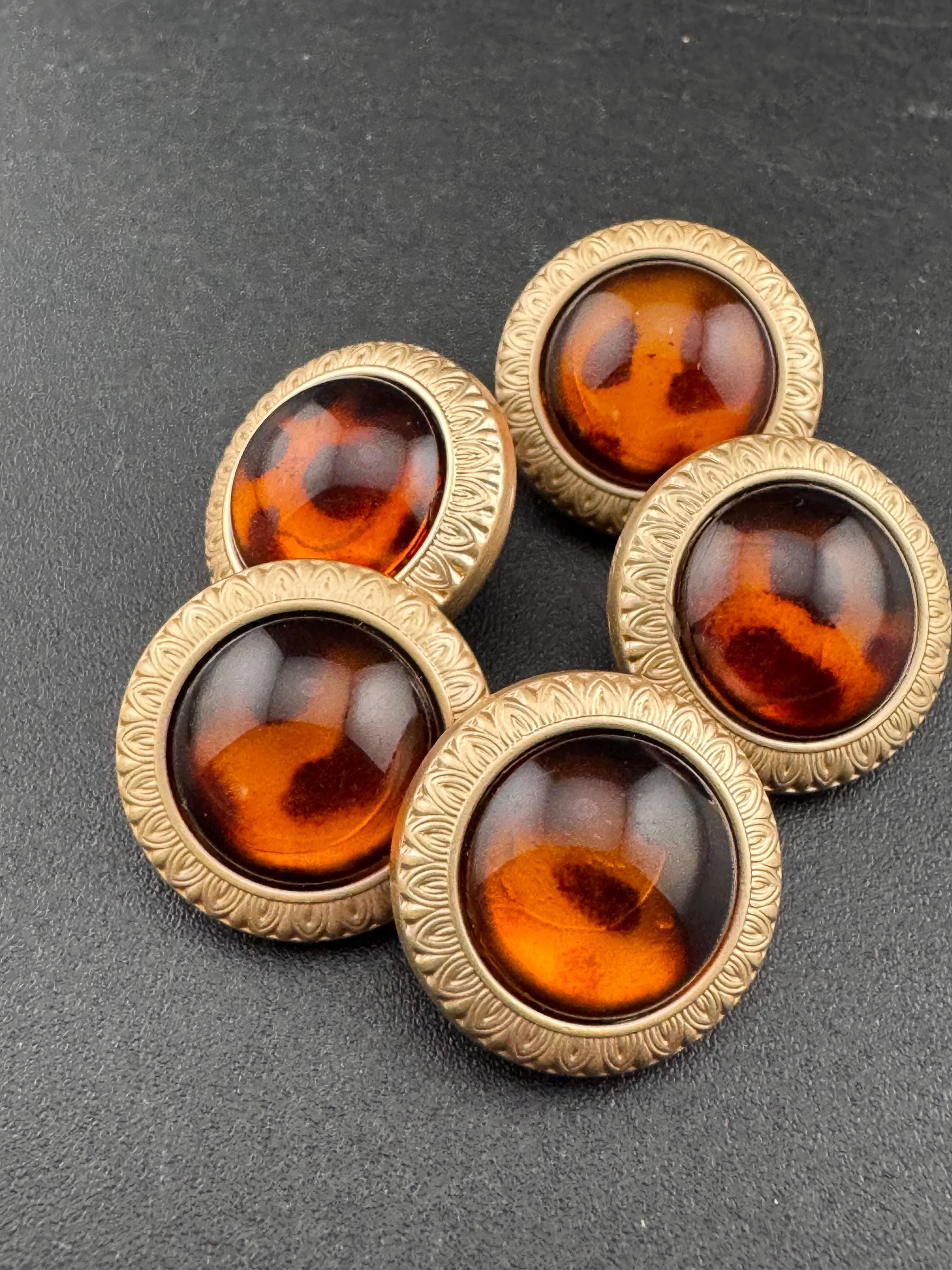 Leopard Print gold Buttons, Amber Brown Acrylic Metal (5 pack)
