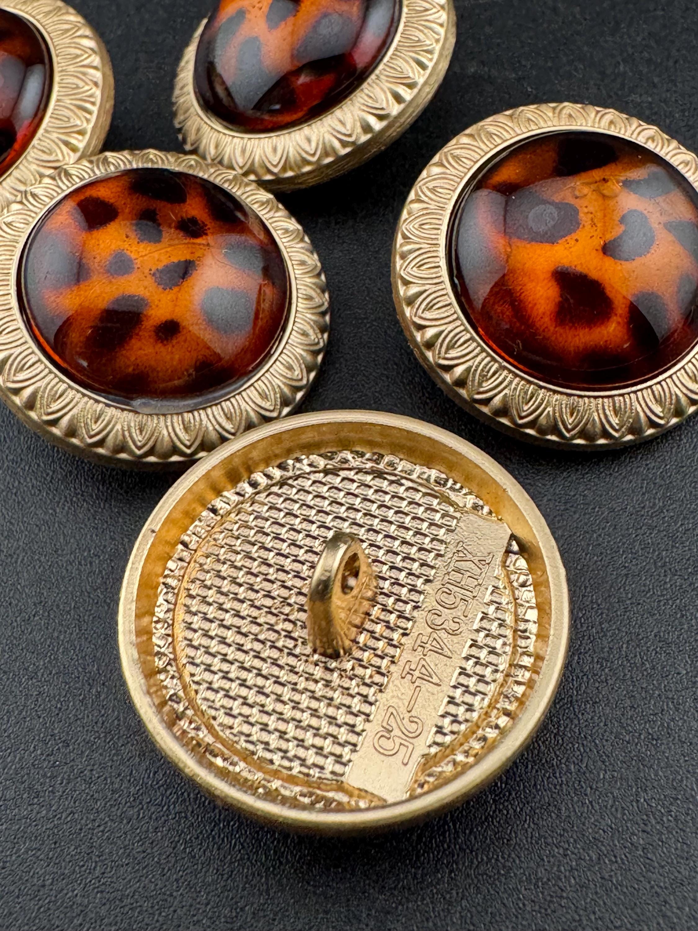Leopard Print gold Buttons, Amber Brown Acrylic Metal (5 pack)