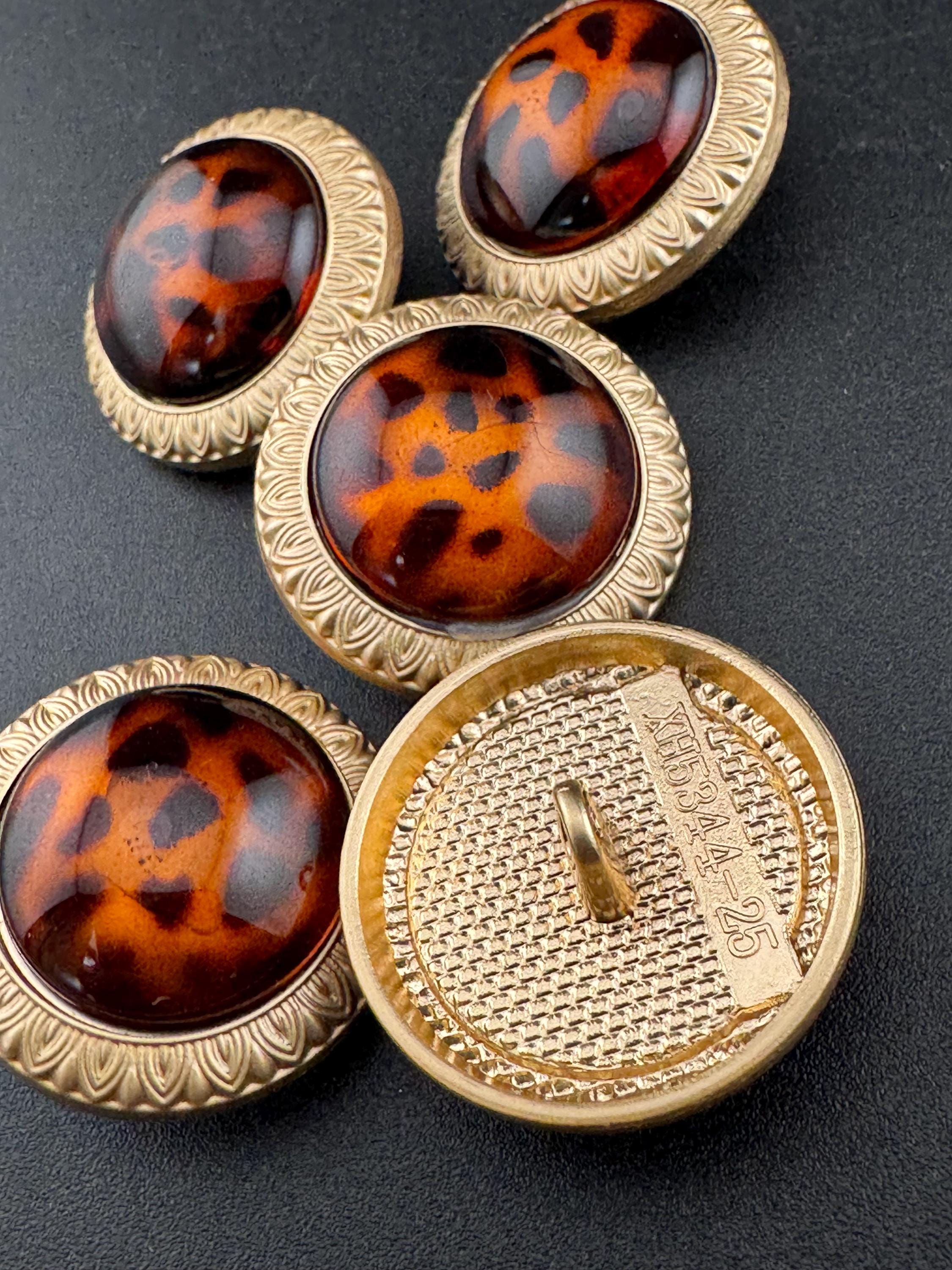 Leopard Print gold Buttons, Amber Brown Acrylic Metal (5 pack)