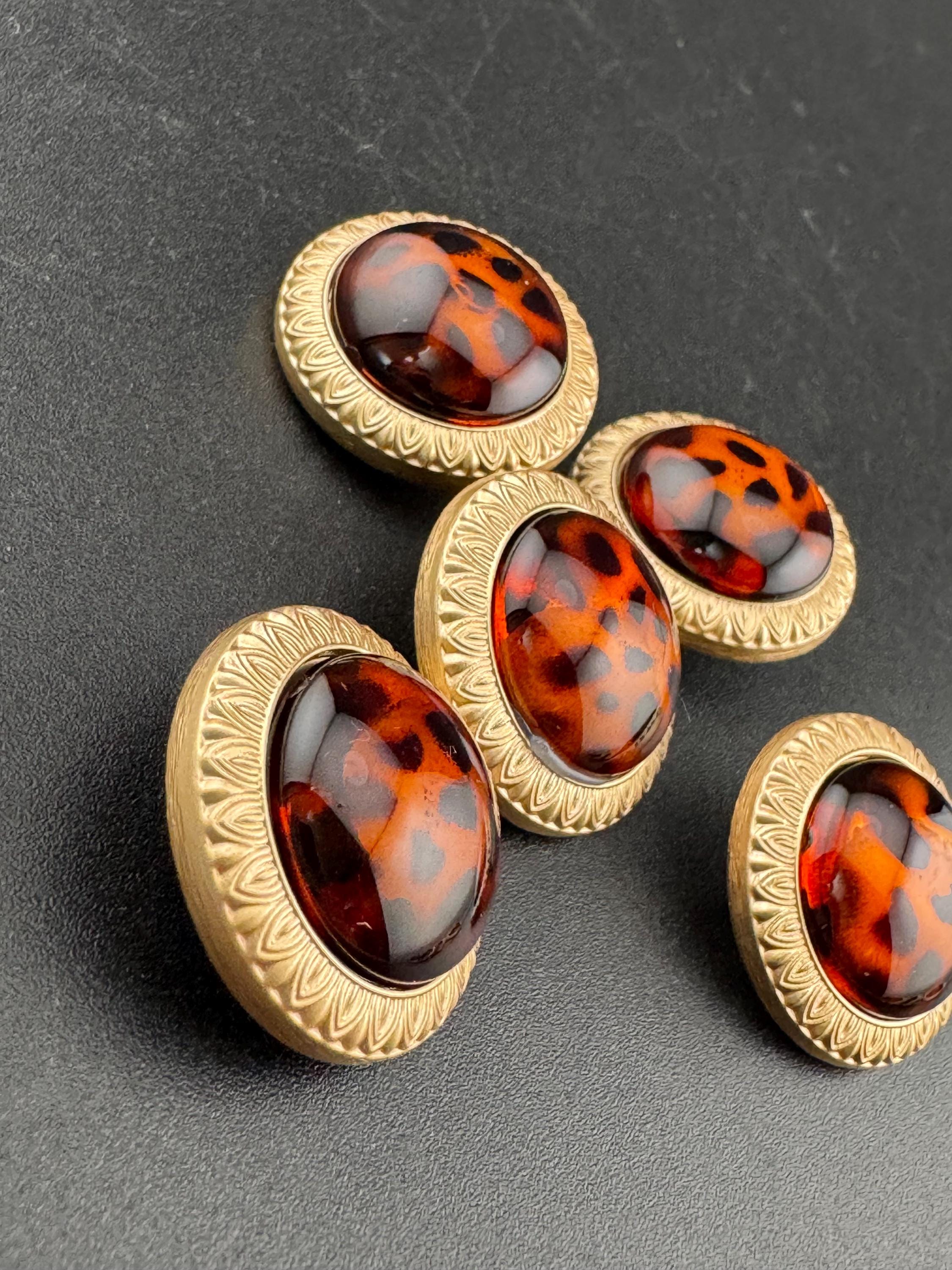 Leopard Print gold Buttons, Amber Brown Acrylic Metal (5 pack)
