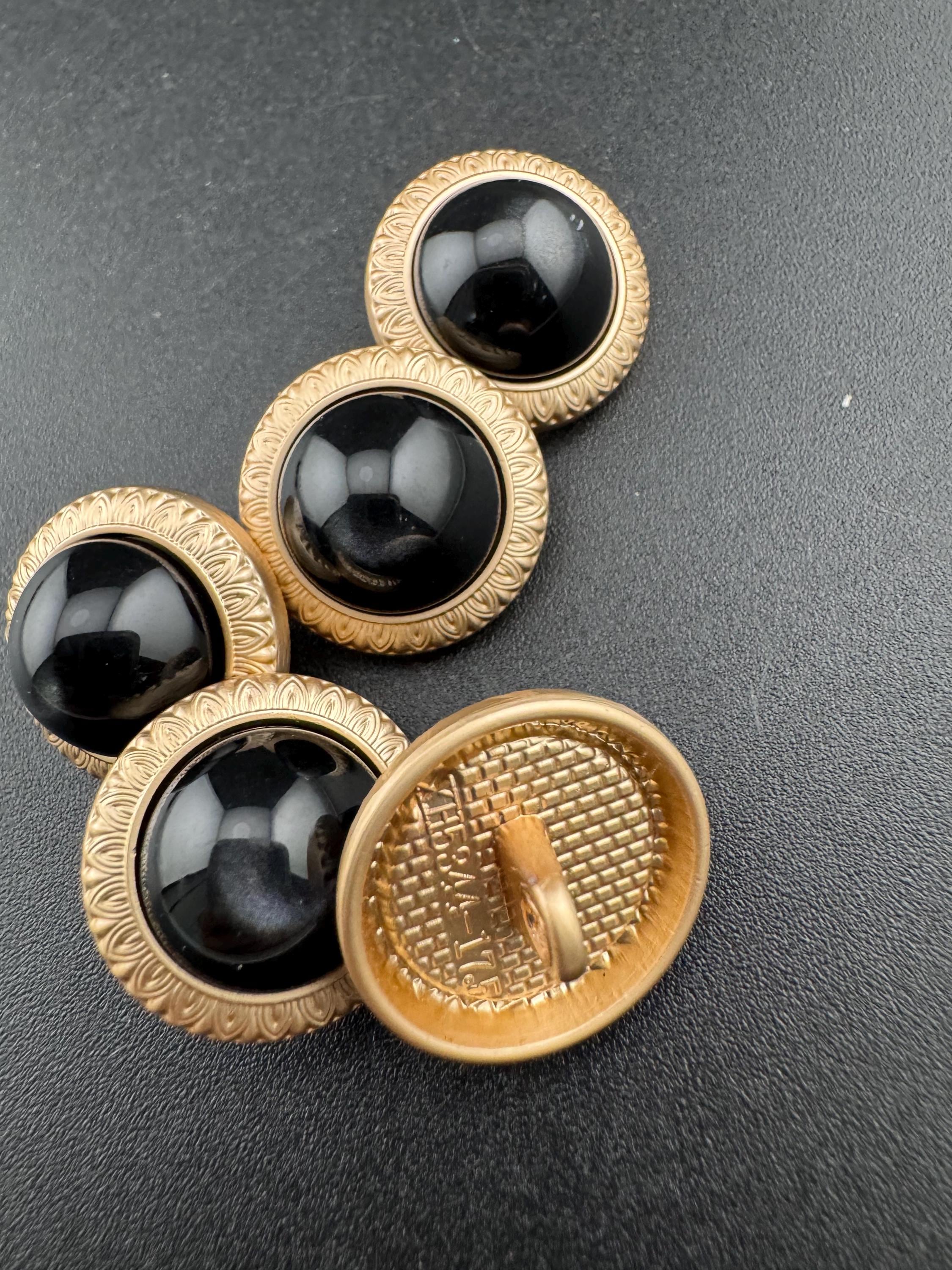 5 Black Acrylic Buttons: Gold Metal Shank, 18mm/25mm