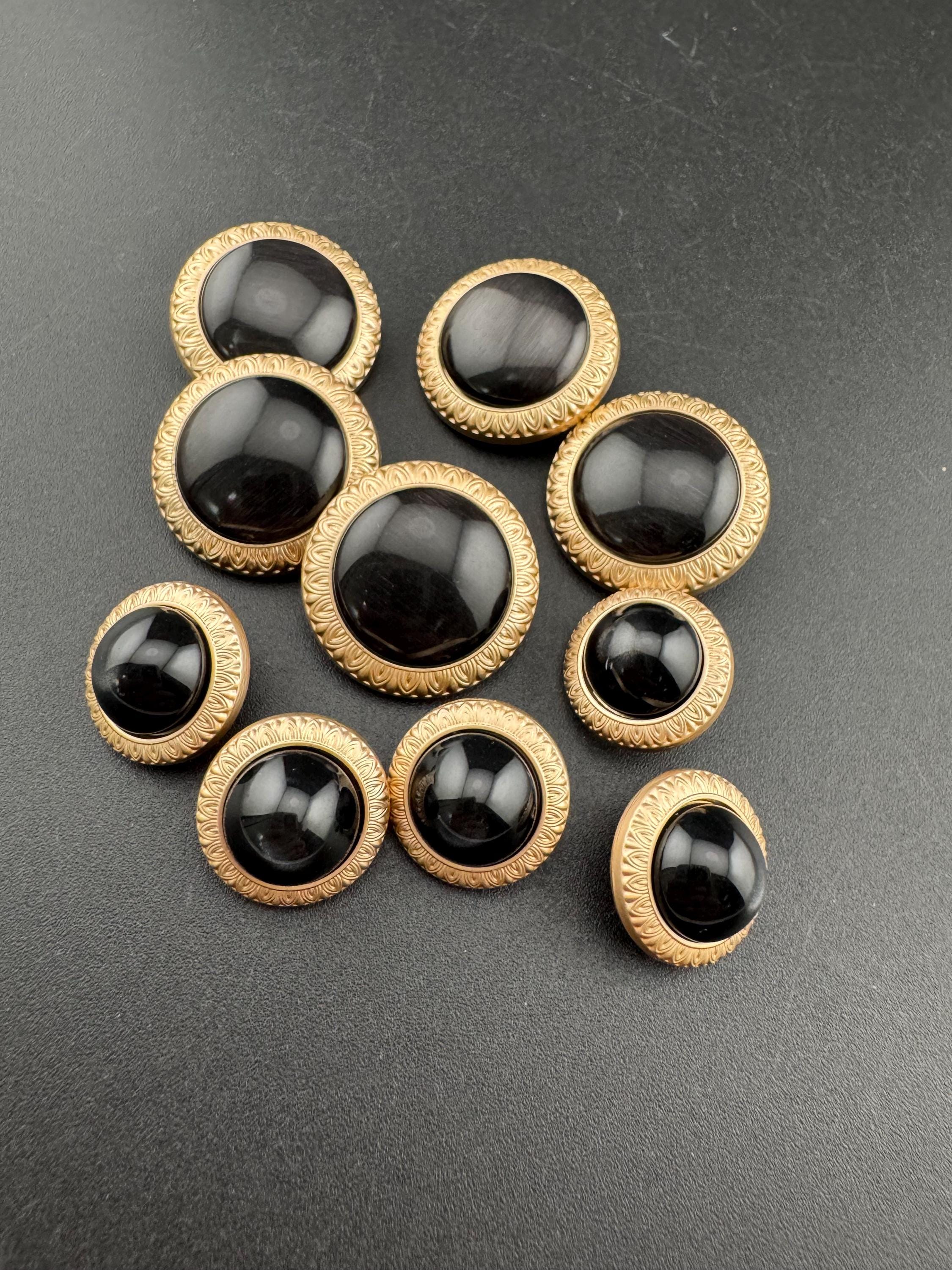 5 Black Acrylic Buttons: Gold Metal Shank, 18mm/25mm