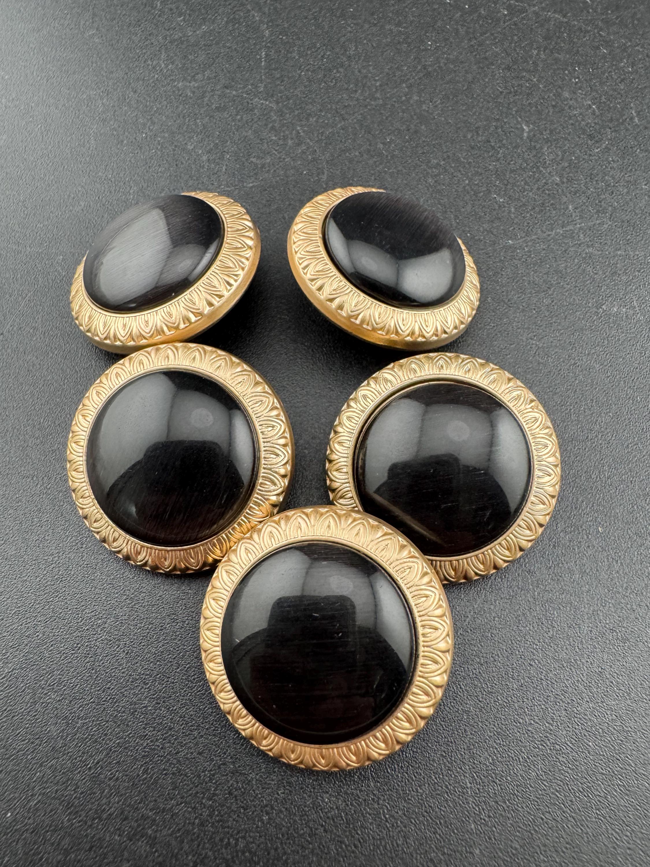 5 Black Acrylic Buttons: Gold Metal Shank, 18mm/25mm