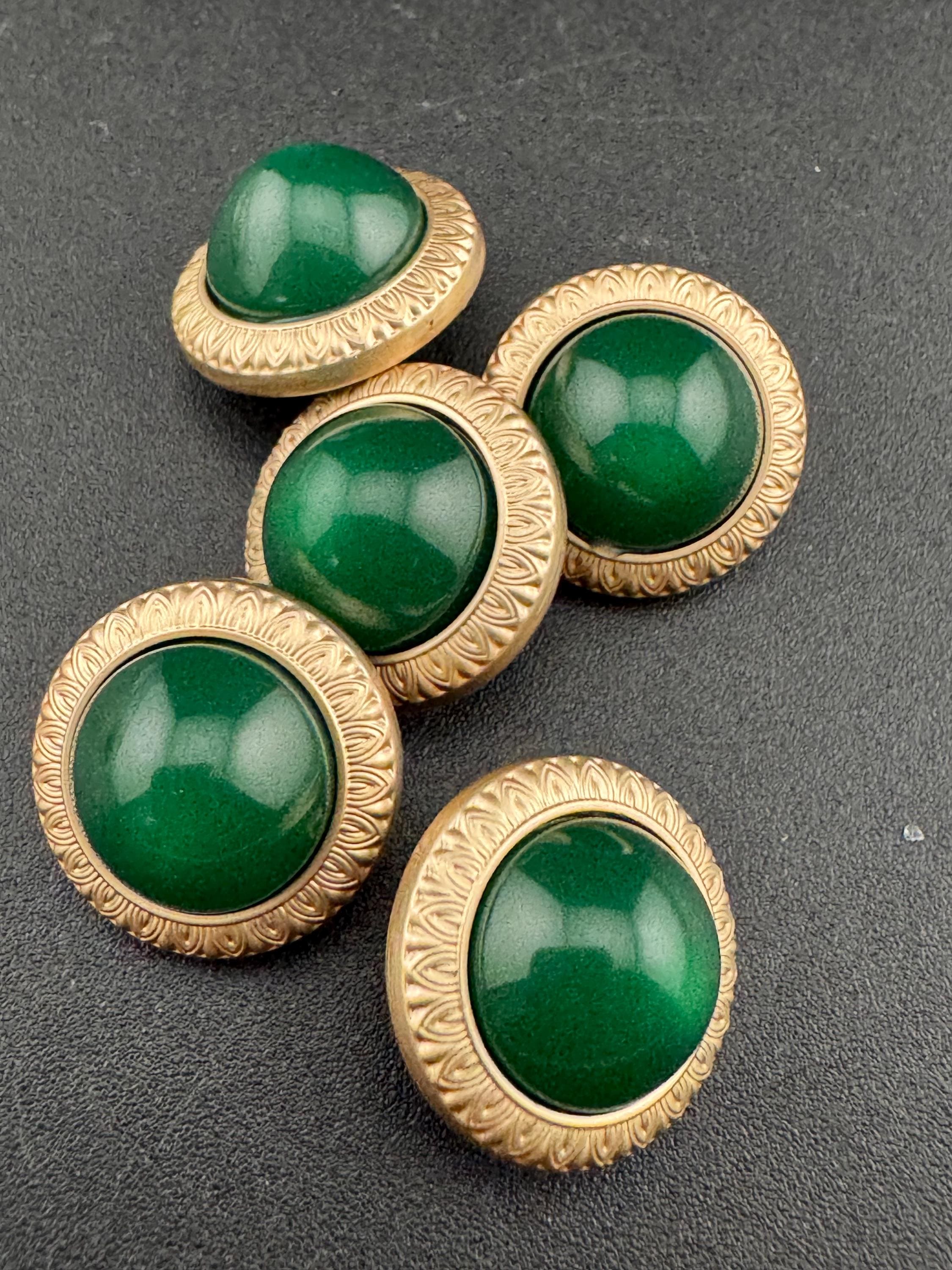 Emerald Green Buttons: Gold Metal Shank, Acrylic Domed (5 pack)